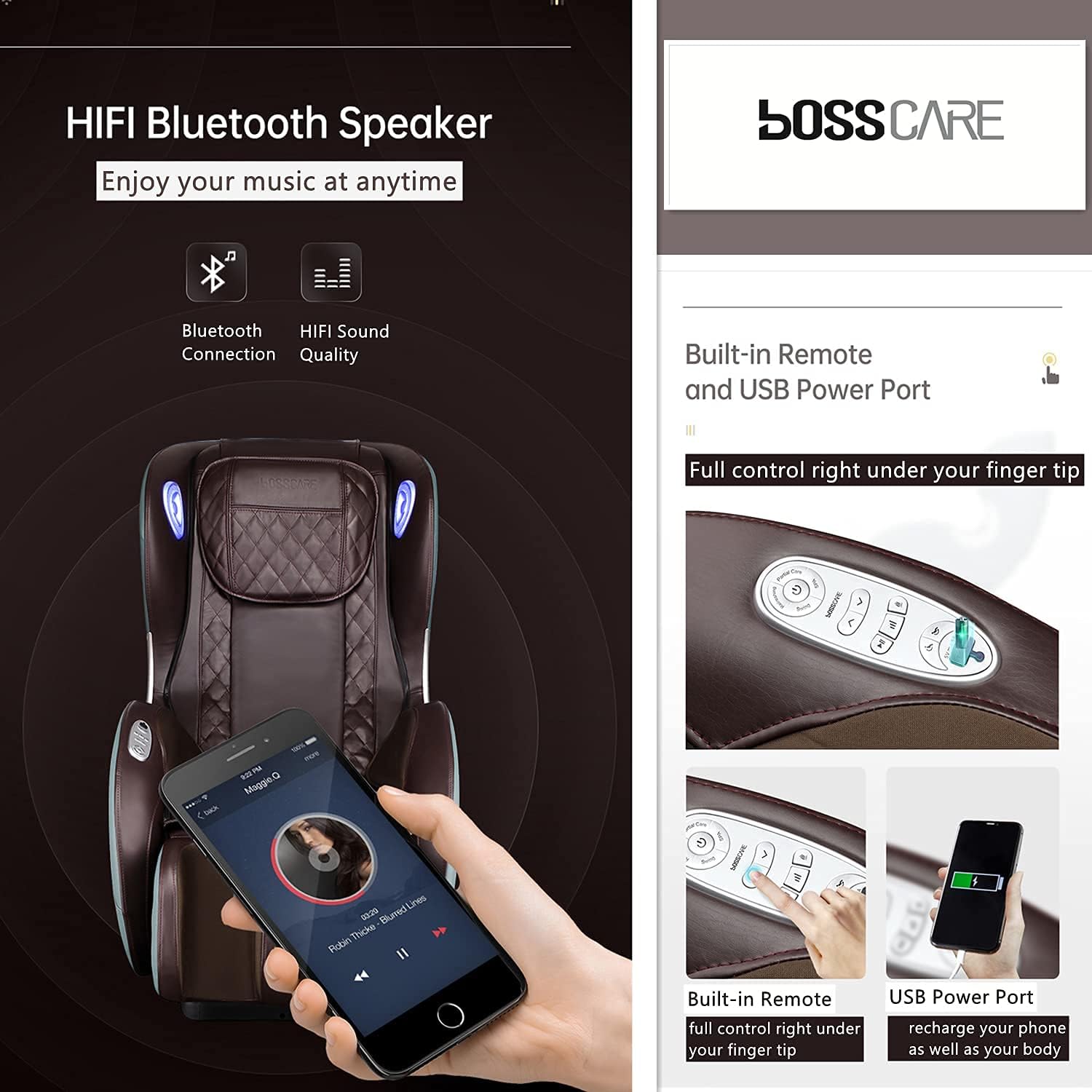 BOSSCARE Small Massage Chairs SL Track Full Body Massage Recliner, Shiatsu Recliner, Space-Saving Design, Zero Gravity, Bluetooth Speaker (Beige GR8526 LED): Furniture & Decor