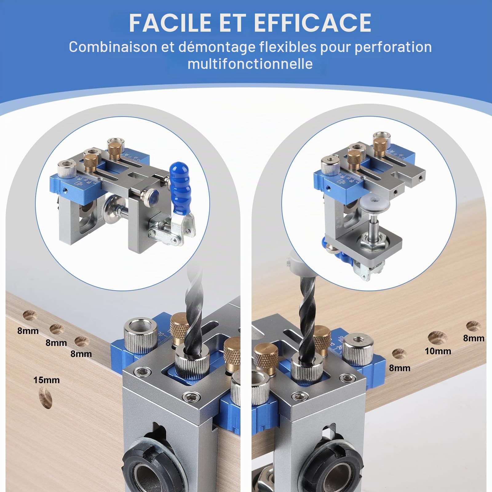 EFUTURETIME 3-en-1 Gabarit de Perçage Vertical Set, 5/8/10/15mm Gabarit de Cheville Réglable, Localisateur de Perçage pour Perçages et Connexions Rapides et Précises, Bleu