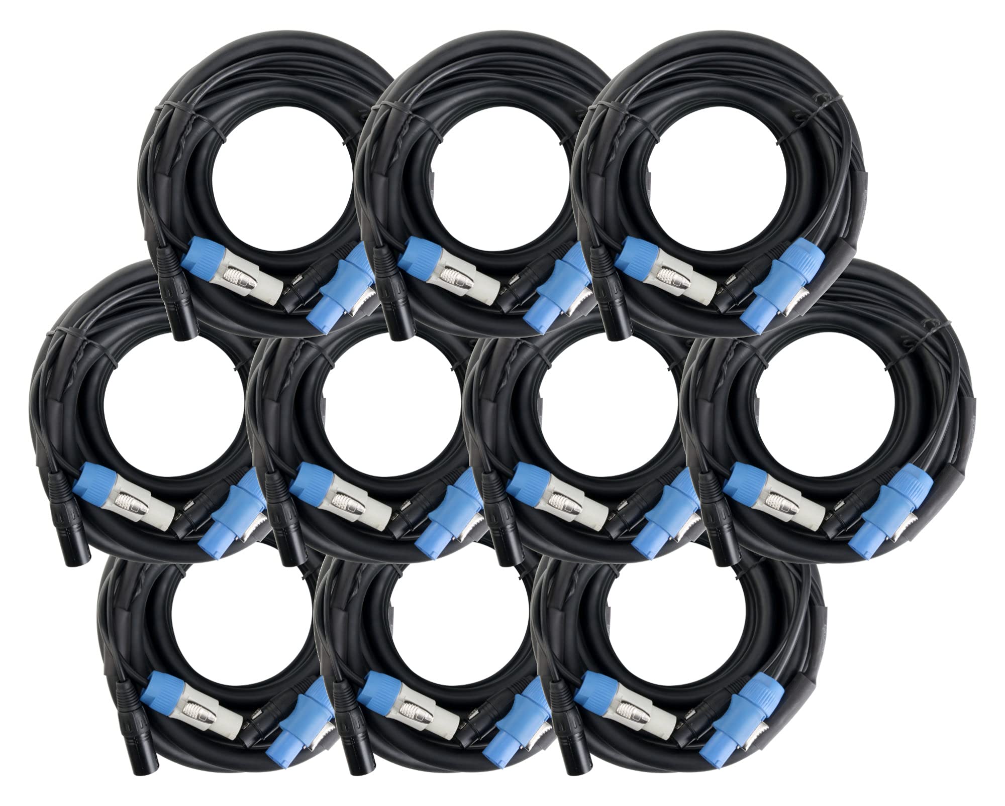 Pronomic Stage PPD-10 Lot de 10 câbles hybrides Powerplug/DMX 10m noirs, combinant alimentation et signal DMX pour éviter les enchevêtrements lors de la connexion d'effets lumineux.