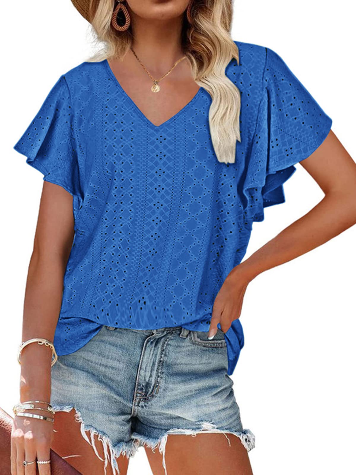 Amoretu Women's V-Neck Short Sleeve Tee - Loose Fit Casual Blouse, Solid Color - View #6