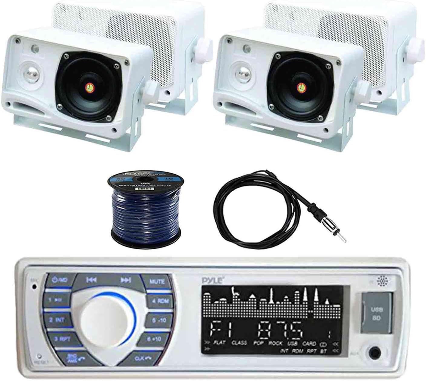 Pyle PLRMR23BTW Bluetooth Marine Receiver Stereo with Pyle PLMR24 3.5 Inch 200W 3-Way Weather Proof Mini Box Speakers(2-Pairs)(White), Enrock EKMR2 Marine Antenna & Enrock Marine 50' 16G Speaker Wire