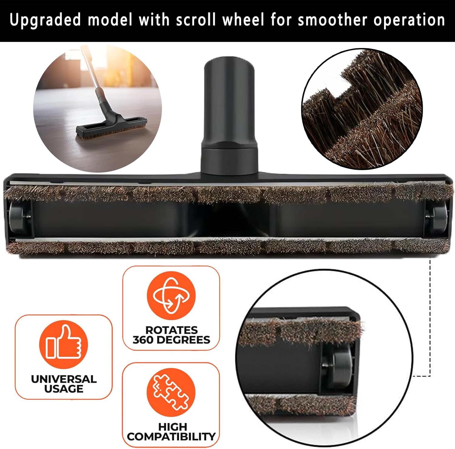 2Pcs Upgraded Vacuum Floor Brush Universal Vacuum Hardwood Brush 1 1/4 inches Durable Vacuums Hard Floor Brushes Multi Vacuum Accessories with Horse Hair Soft Bristles Attachment for Shop Vac