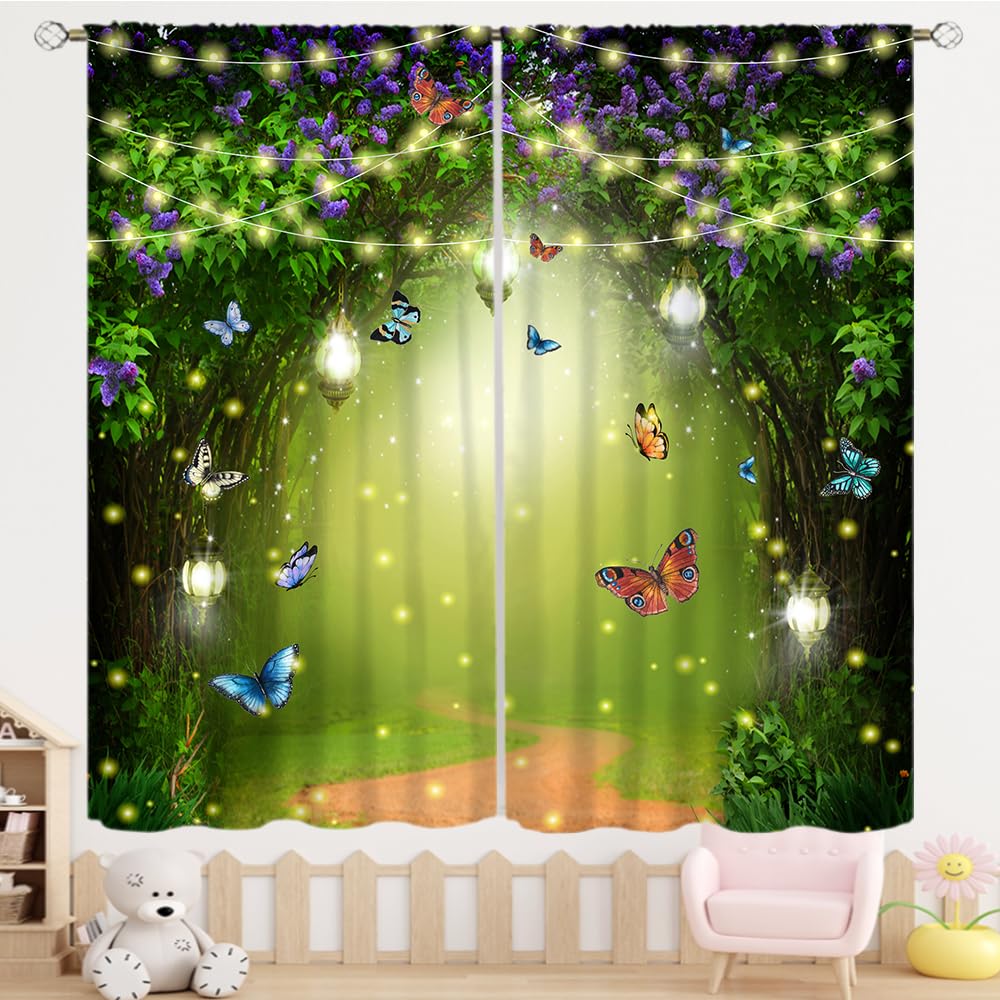 TYVGICZ Whimsical Forest Window Drapes Fairy Tale Enchanted Woods Mystical Landscape Fantasy Nature Butterfly Window Treatments for Girls Kids Teens Nursery Bedroom 42x45 Inch 2Panels