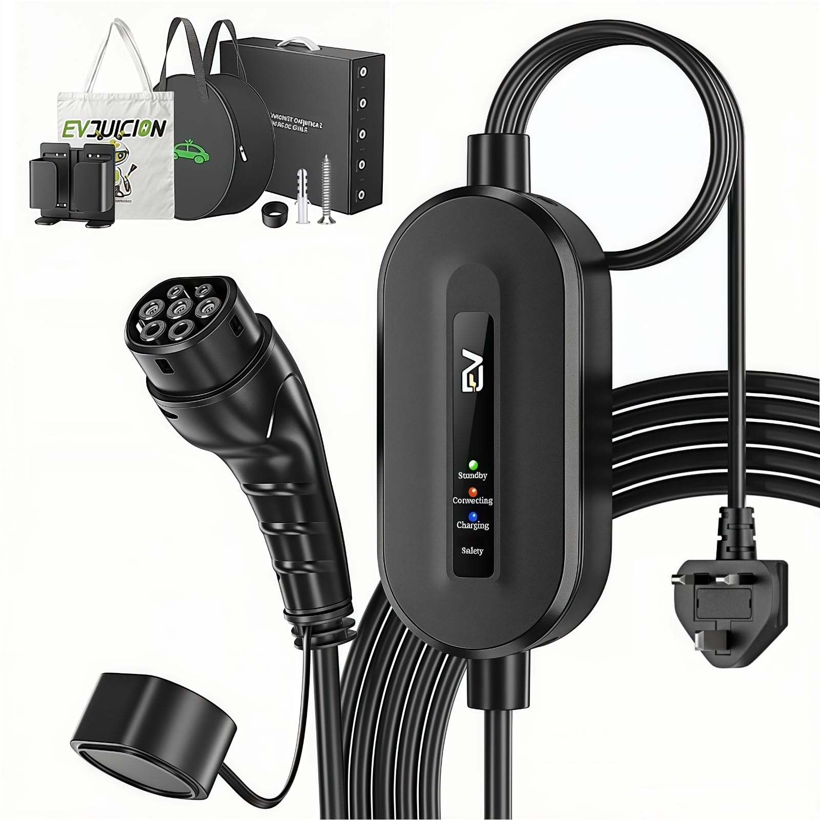 EVJUICION EV Charger Cable Type 2 to 3 Pin Plug 8M, [10A, 2.3kW] Electric Car Charger with Holder, IP67/IP65 Type 2 Charging Cable 3 Pin with LED Indicator Light, for Type 2 EVs and PHEV