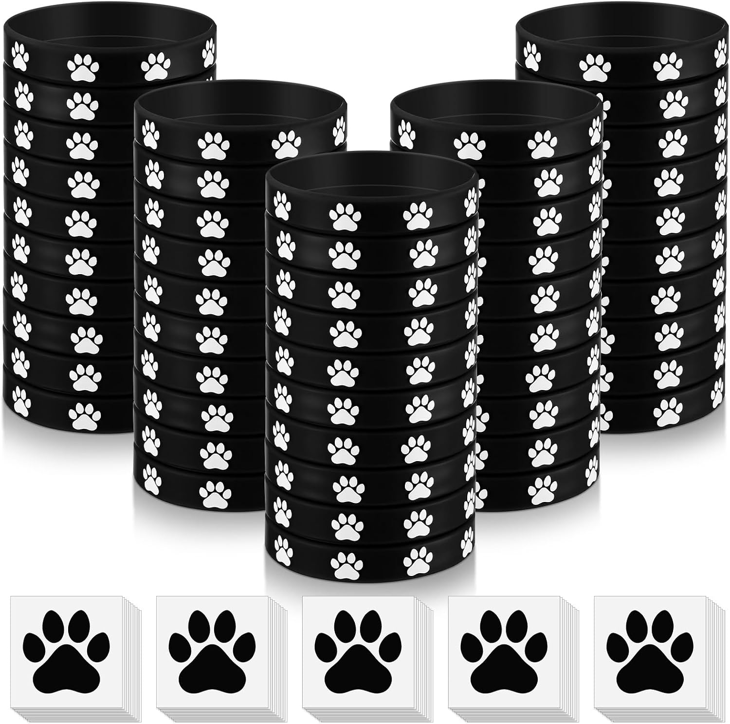 Soulchen 50 Pcs Paw Print Silicone Bracelets with 100pcs Dog Paw Sticker Rubber Wristbands for Birthday Puppy Animal Baby Shower Party Decorations Supplies Accessories Goodie Bag Favor