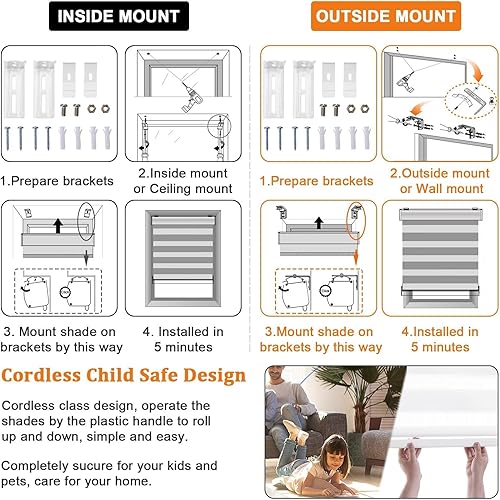 Miniatura 7 de Youngoo Persianas sin cordones de cebra para ventanas, persianas enrollables para puertas corredizas de vidrio, doble capa de tela transparente,