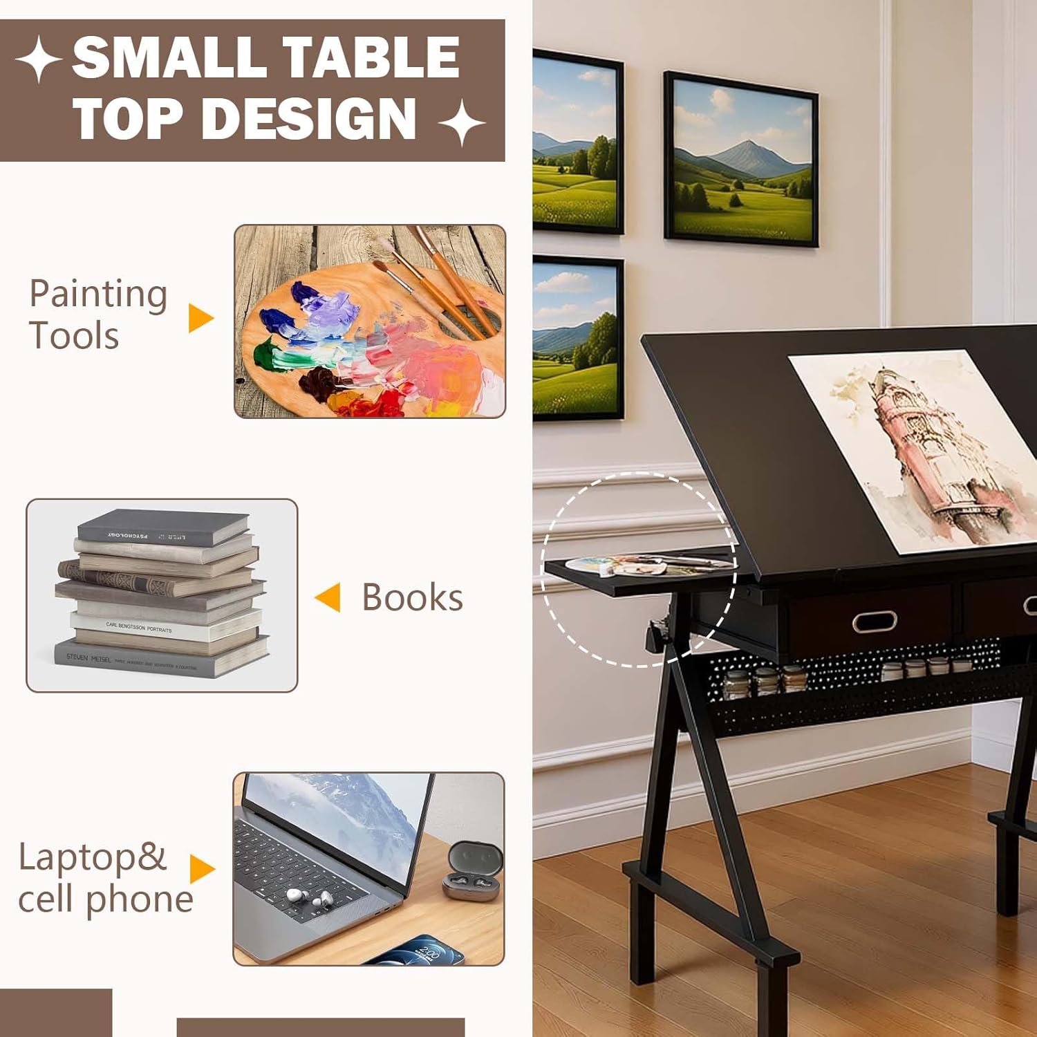 38.58" W Drawing Desk & Art Table for Adults，Tilting Drafting Table with Storage and Stool, Height Adjustable Height Painting Desk with Drawers for Home|Office|Reading|Writing|Crafting (Black)
