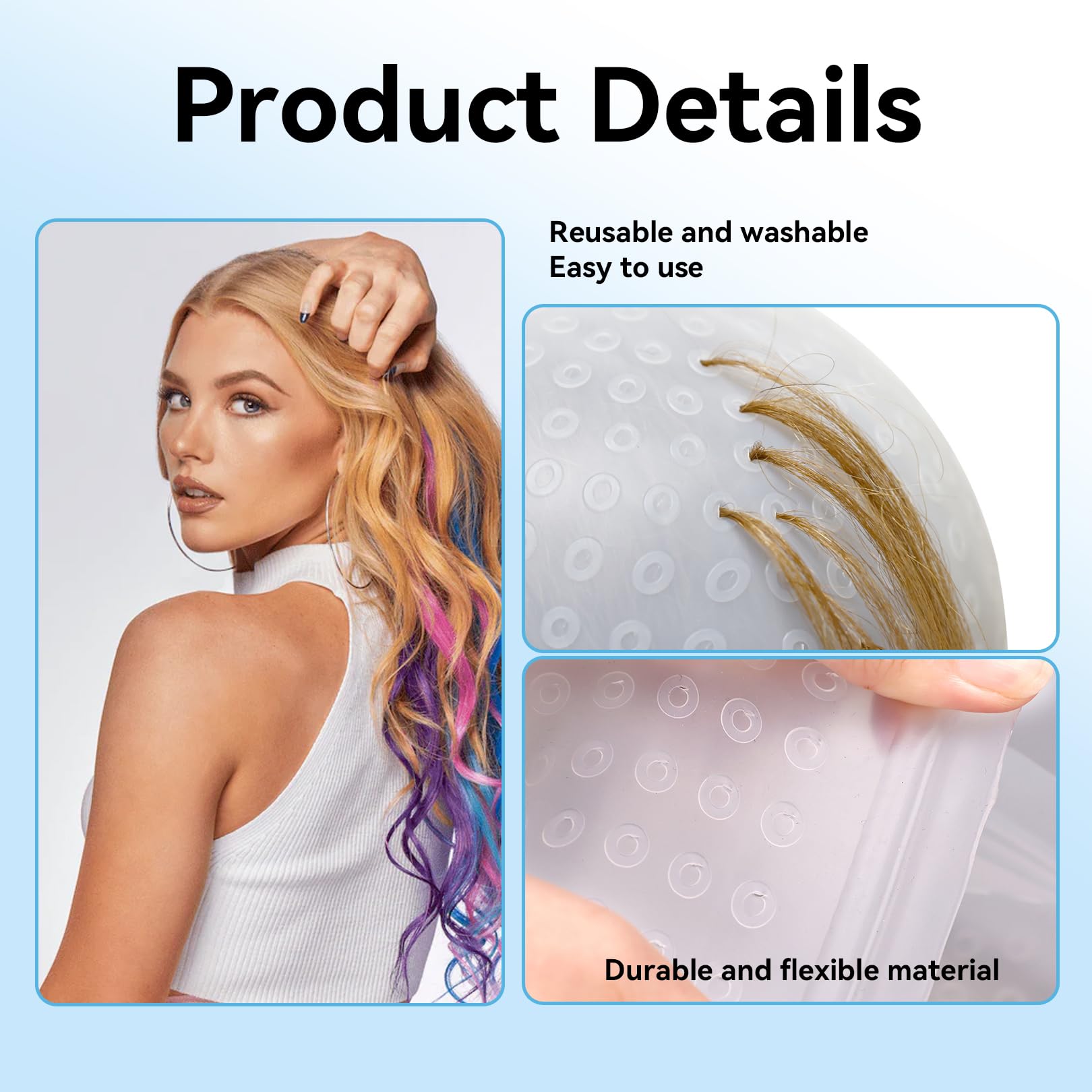 Highlight Cap and Hook Kit,White Streaking Cap,Soft Silicone Highlighting Cap,Half Transparent Hair Highlighting Cap and Hook Kit,Stainless Steels Hook,Hair Cap for Highlights,for Girls Boys - Image 3