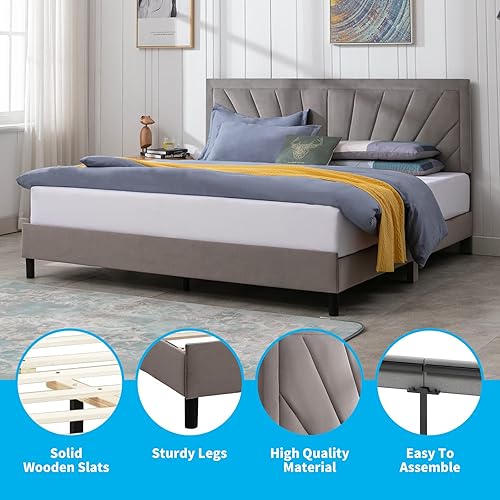 Miniatura 6 de Mjkone Base de cama tamaño King con cabecero, elegante y moderna plataforma de tapicería de terciopelo con soporte de listones de madera, no