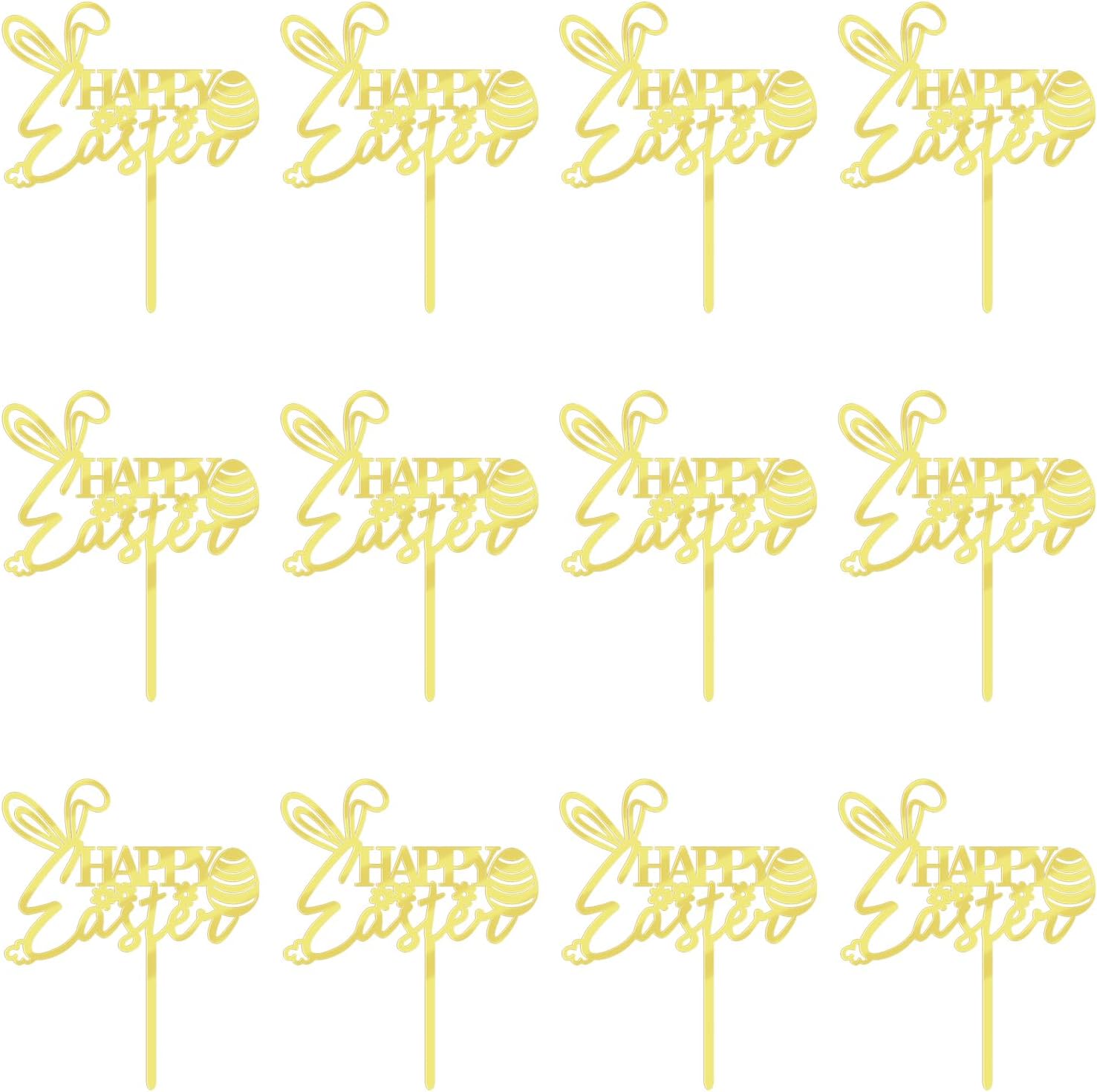 12pcs Acrylic Gold Happy Easter Cake Topper, Easter Cake Decorations, Bunny Easter Egg Cake Decor, Spring Easter Holiday Party Decorations (Acrylic Gold)