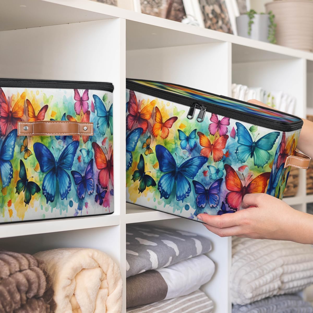 Storage Bin Set of 2 Rainbow Butterfly Storage Basket with Zipper Lid & Handle Foldable Closet Shelf 2 Pack Cloth Organizer Basket Cube Bins Clothes Organizer for Bedroom, Nursery