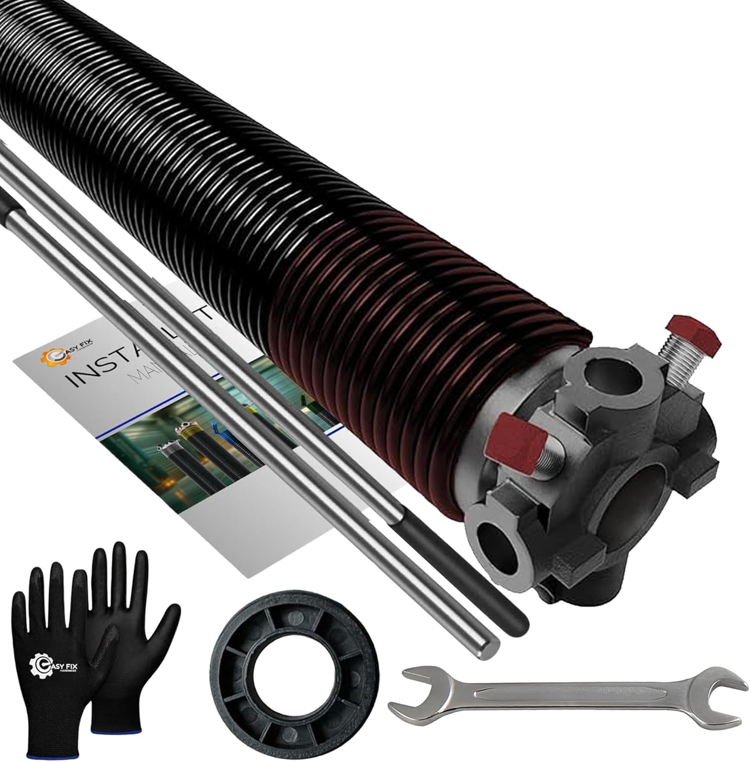 2" Garage Door Torsion Spring Set Heavy Duty 5-Year Warranty with 1" Nylon Bushing, Non-Slip Winding Bars, Gloves & Wrench Precision E-Coating for Replacement Min 30,000 Cycles 234x2x27 (Black)