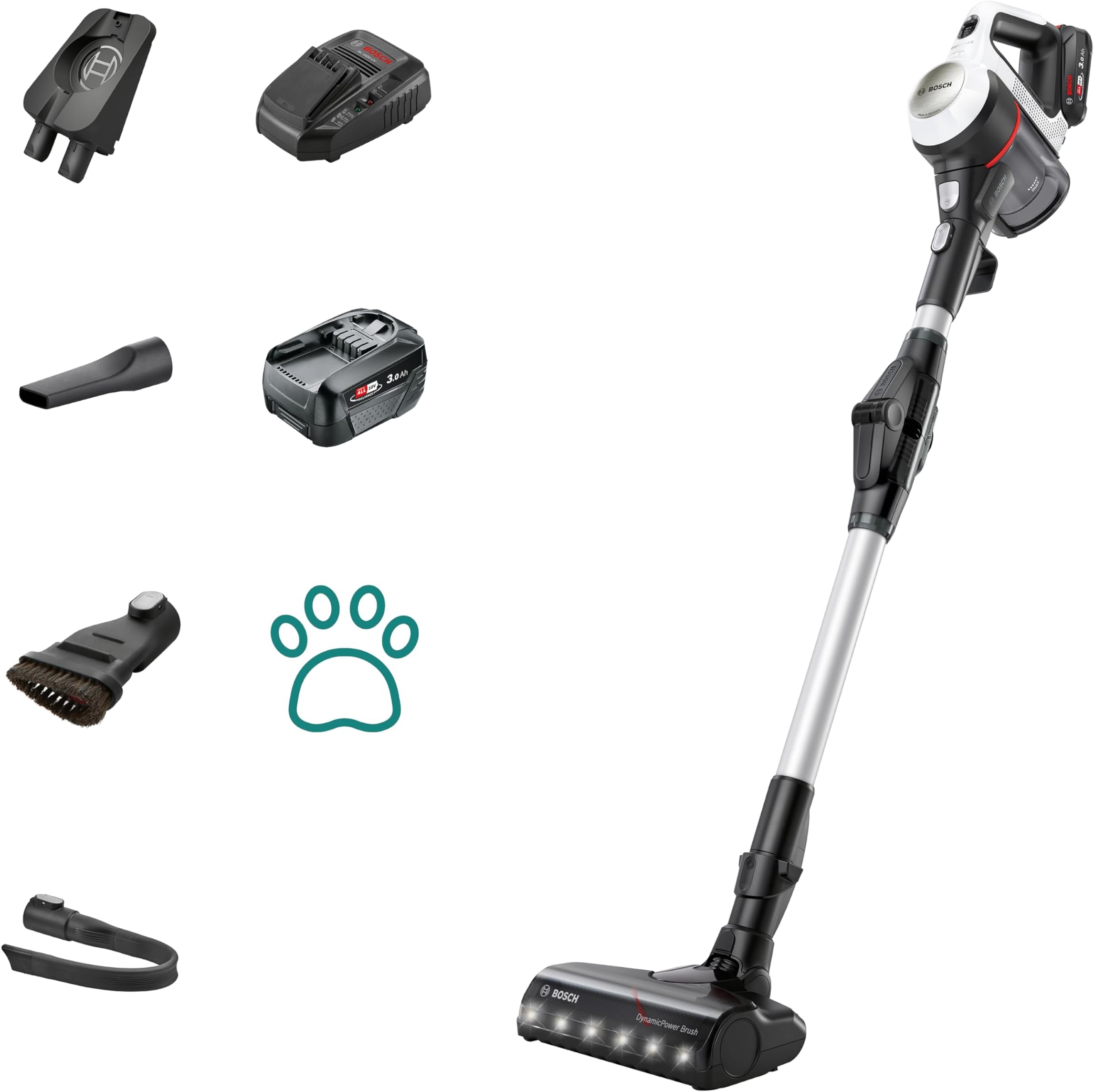 – Bosch Cordless Stick Vacuum Cleaner, Unlimited 7, 2 x 3.0 Ah Batteries, Quick Charger, Flex Tube, Lightweight Handheld, LED Lights, White, Made in Germany,BCS712GB, 1 Year Manufacturer Warranty