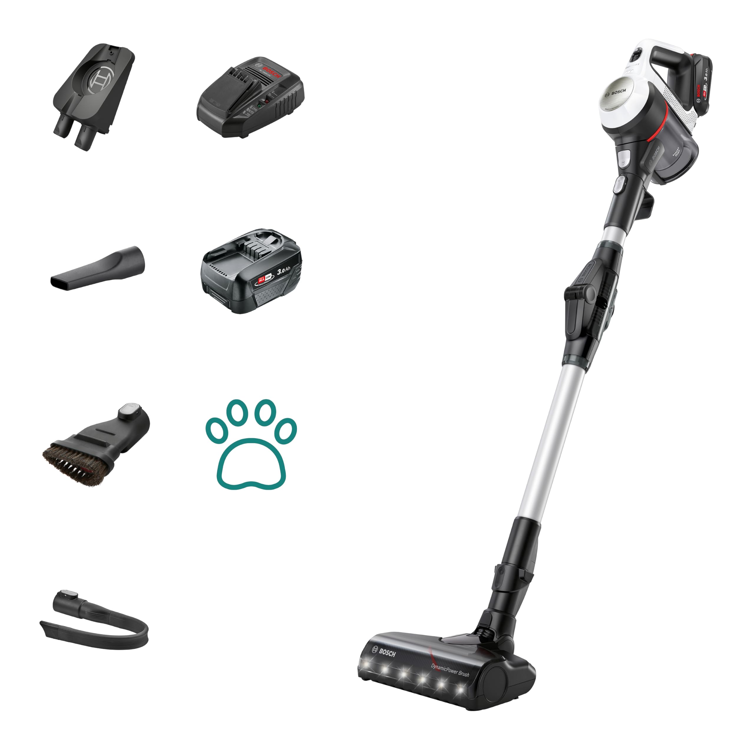 Bosch Cordless Stick Vacuum Cleaner, Unlimited 7, 2 x 3.0 Ah batteries, quick charger, Flex Tube, lightweight handheld, LED lights, White, Made in Germany,BCS712GB, 1 Year Manufacturer Warranty
