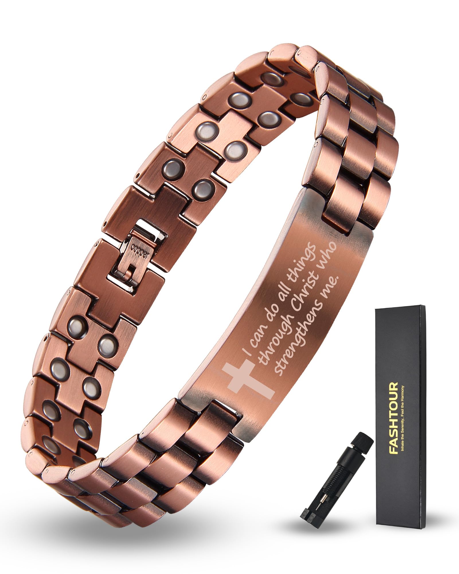 Fashtour Copper Magnetic Cross Bracelet for Men - Ultra Strength Magnetic Mens Cross - With Size Adjustment Tool