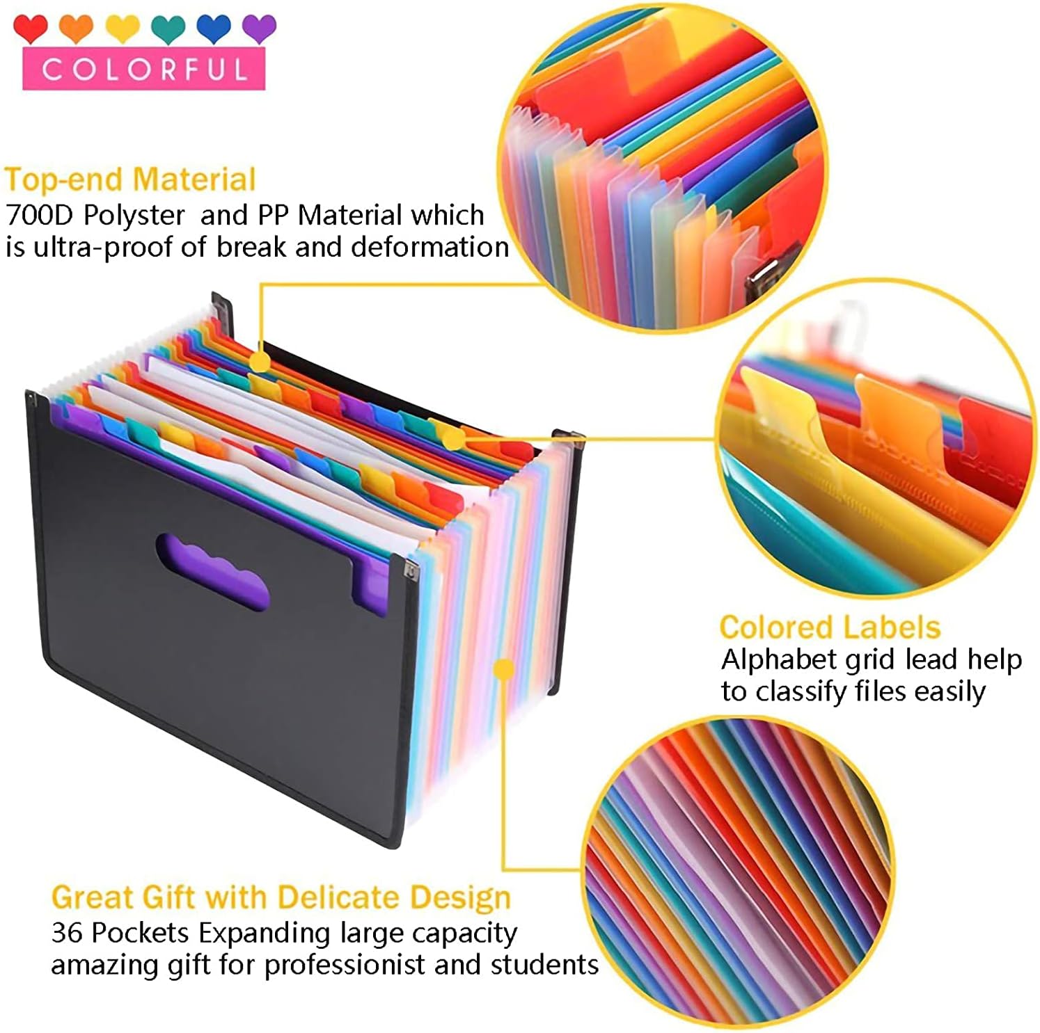 36 Pockets Accordian File Organizer,Expanding File Folder,Filing Folders,Expandable A4/Letter Size Folder, Accordion Document Organizer,Portable Paper/Bill/Receipt Folders with 2 A-Z Blank Tabs