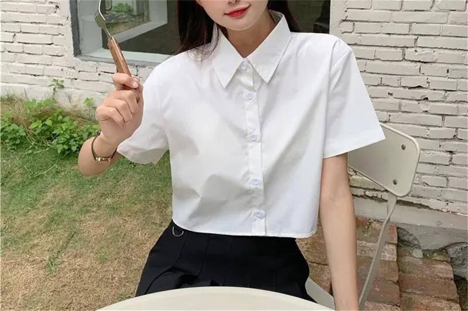 Genérico Camisa Informal Holgada de Manga Corta con Cuello Vuelto, Corte Recto y Botones Delanteros para Mujer (Manga Larga con Lazo)