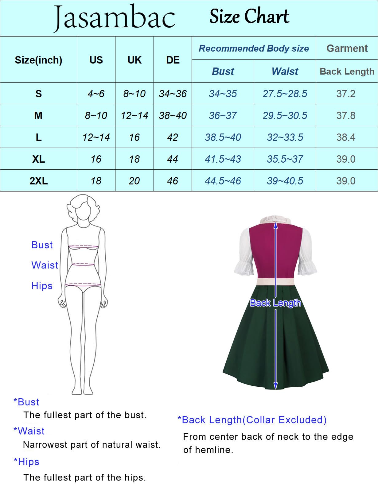 JASAMBAC Vestido tirolés para Mujer, 3 Piezas, Oktoberfest, Traje tirolés, Vestido tirolés, Carnaval, Oktoberfest, Fiesta
