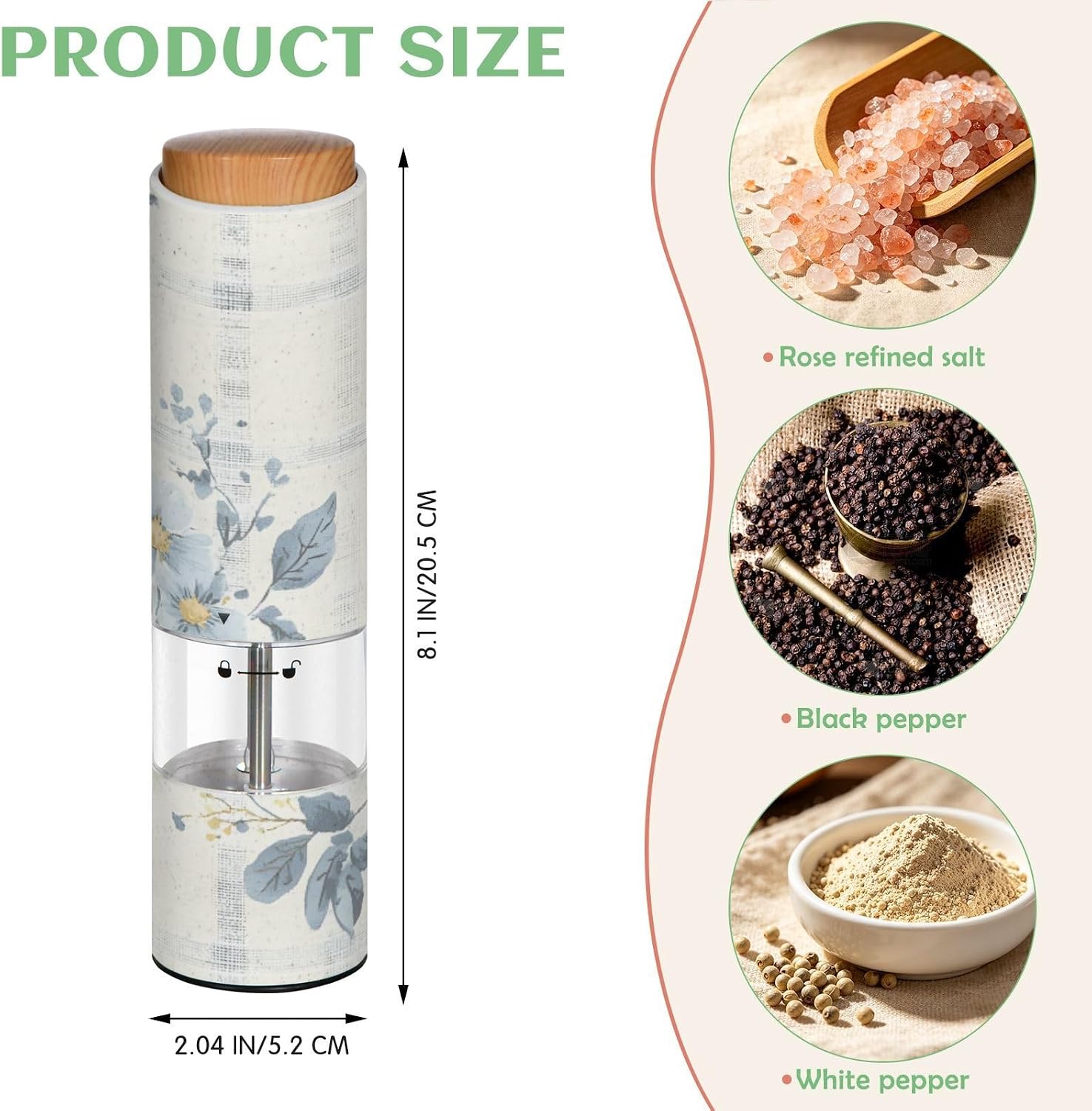 ALAZA Electric Pepper Grinder with Adjustable Coarseness, Pastel Blue Flower Plaid Pattern Battery Automatic Salt and Pepper Mill with Led, One-Handed Operation Spice Grinder for Kitchen, Camping & BB