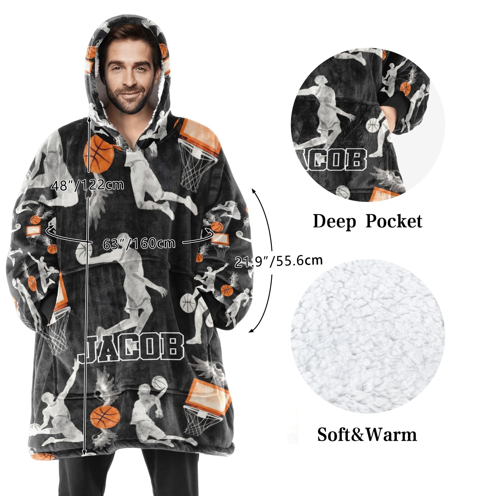 NZOOHY Sherpa Blanket Hoodie Basketball Sport Pattern Wearable