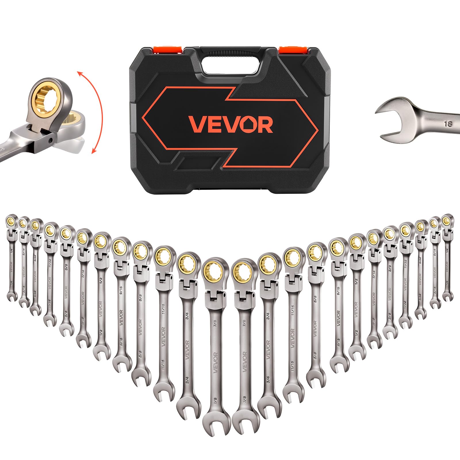VEVOR Set di Chiavi Combinate a Cricchetto 24 Pezzi, Set di Chiavi a Cricchetto con Misure Metriche e SAE, Testa Snodata a 180°, Meccanismo a 72 Denti, con Custodia per Uso Casa e Auto, Nichel Grigio