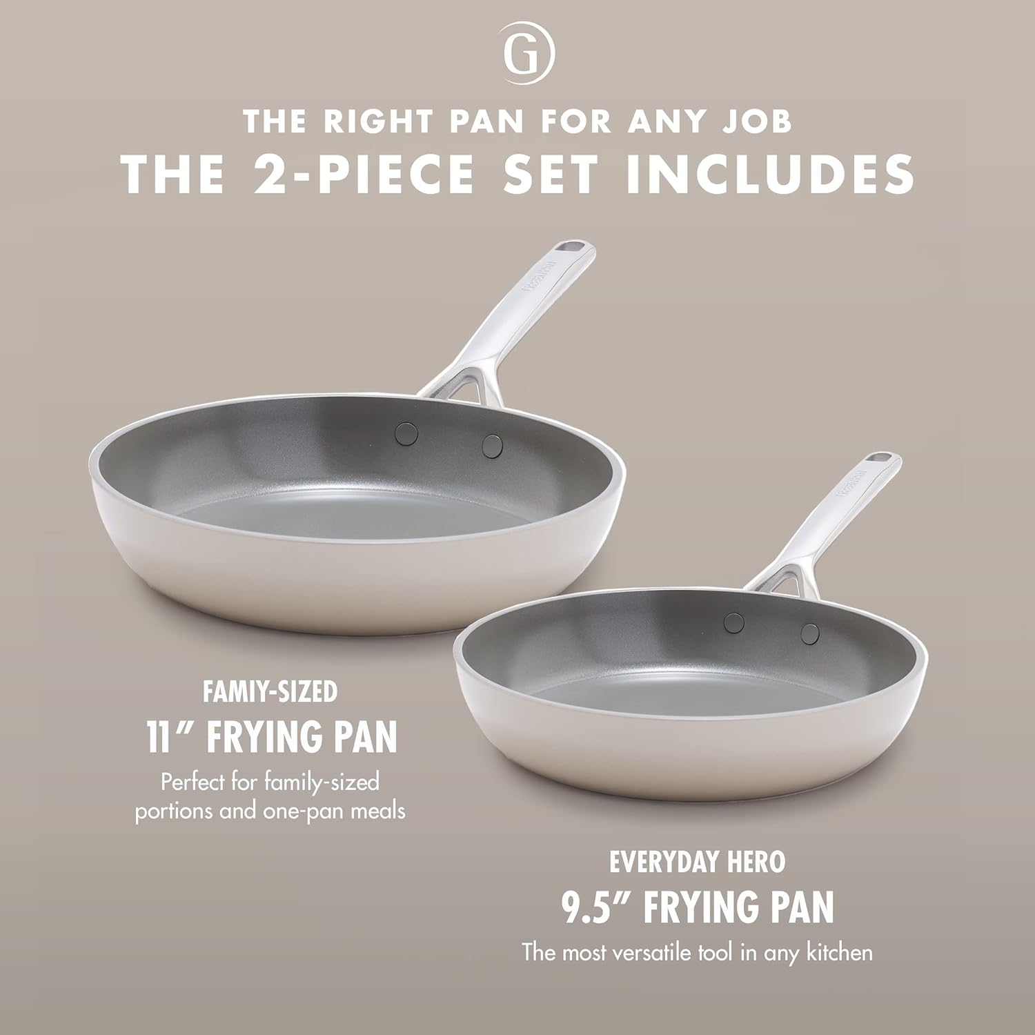 GreenPan GP5 Hard Anodized Healthy Ceramic Nonstick 9.5” & 11” 2 Piece Frying Pan Skillet Set,Heavy Gauge Scratch Resistant,Stay-Flat Surface, Induction, Mirror Finish Handle,Oven Safe,PFAS-Free,Taupe