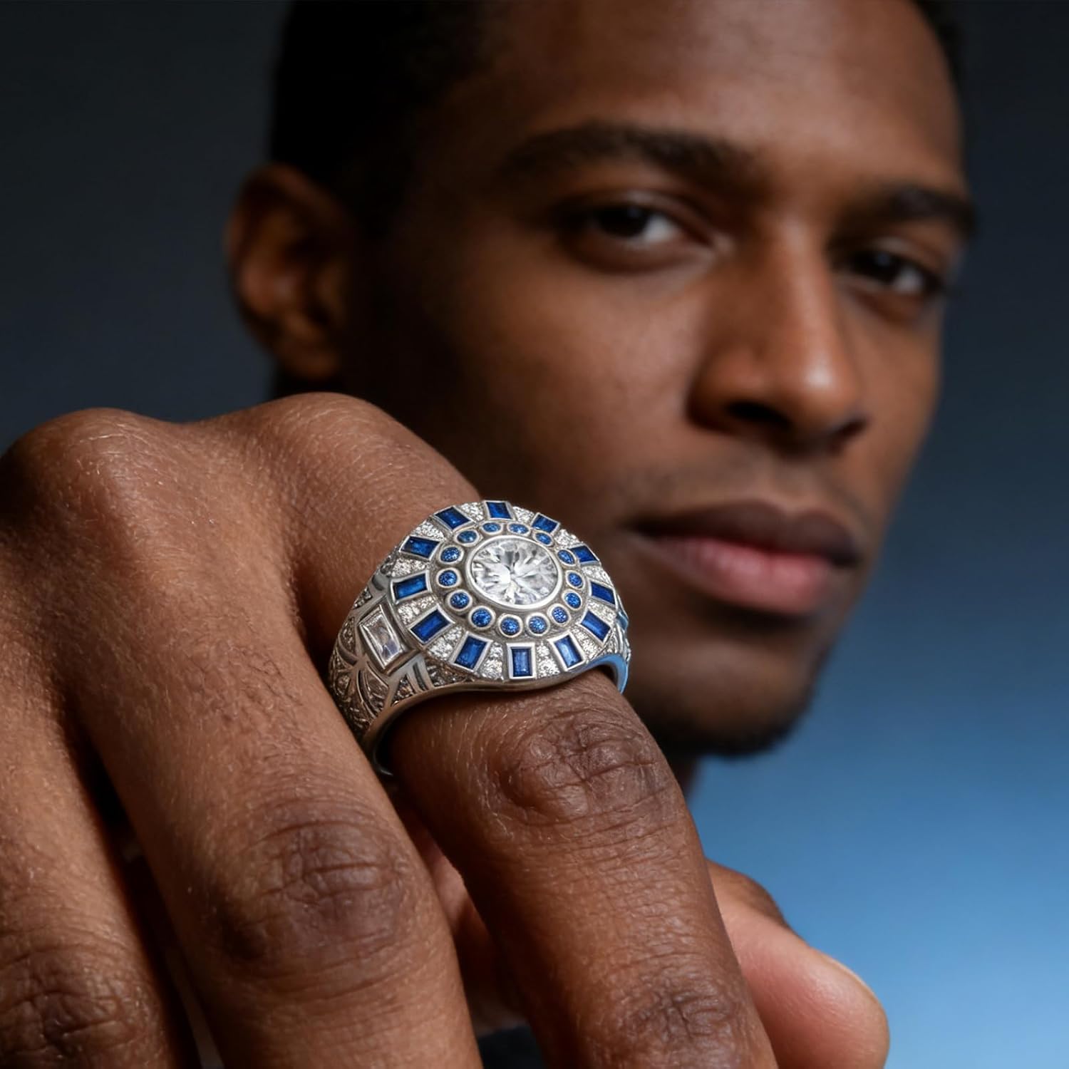 Mens Lab-Created Moissanite Center Stone with Blue Spinel Accents Wedding Band 925 Sterling Silver Engagement Ring Size 7-14 - Image 4