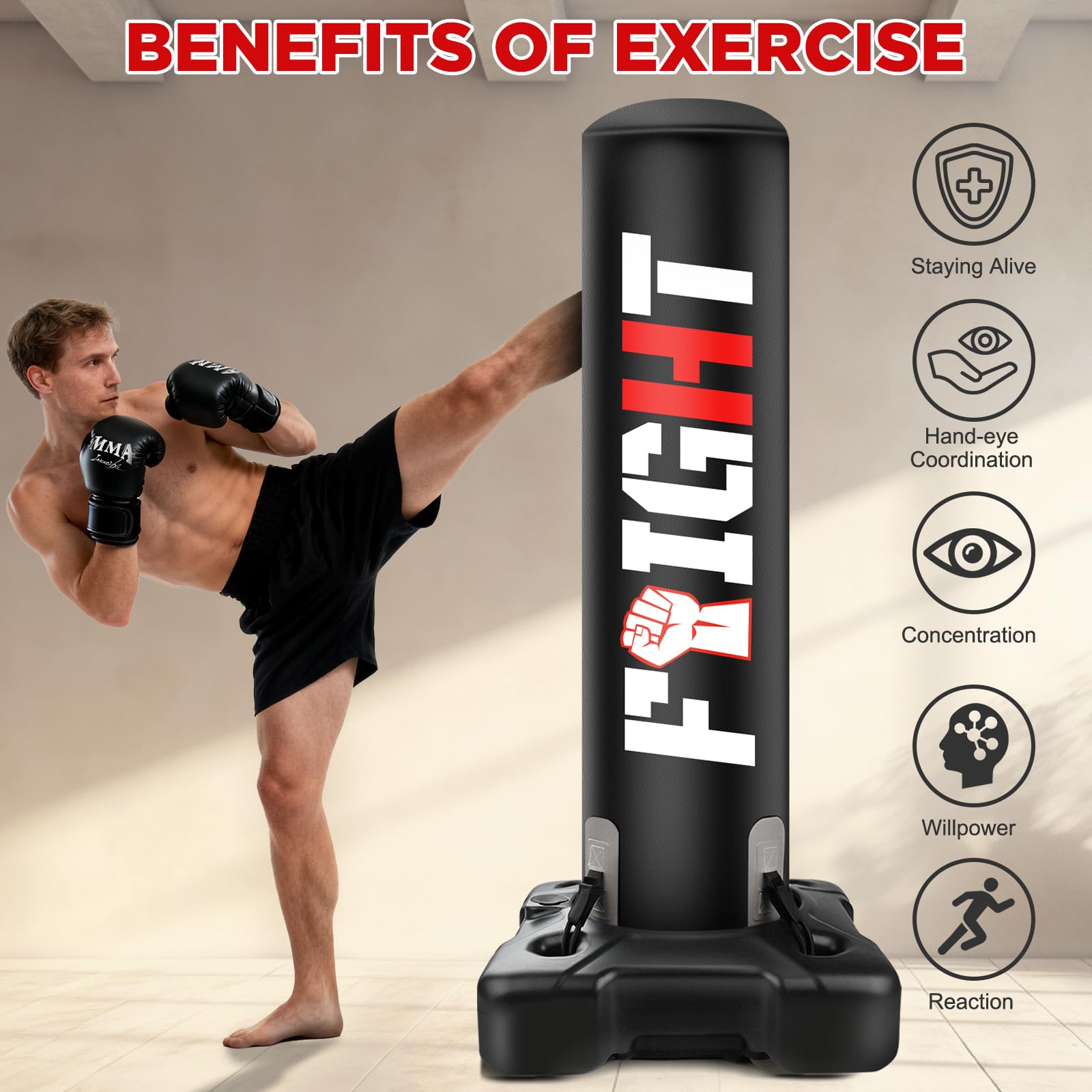 NZQXJXZ 175cm Sacco da boxe da terra, Sacco da boxe Adulto su piedistallo con pompa e guantoni da boxe, set da boxe per Kickboxing Arti Marziali MMA Dummy Muay Thai allenamento in palestra a casa