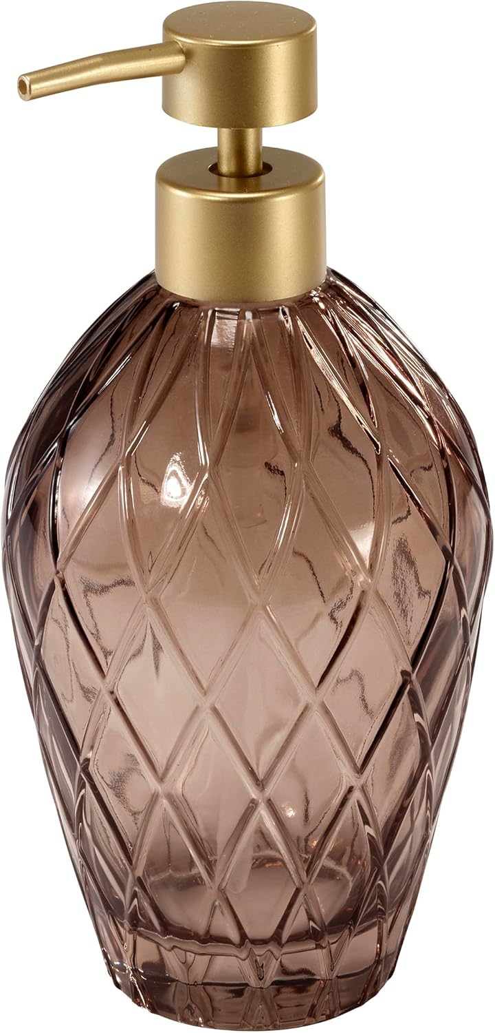 Nicole Miller – Bathroom Accessory Set, Toothbrush Holder and Lotion Dispenser, Embossed Glass with Gold-Tone Accents, Trellis Home Decor – Perfect for Organizing Bathroom Essentials (Bijou Brown)