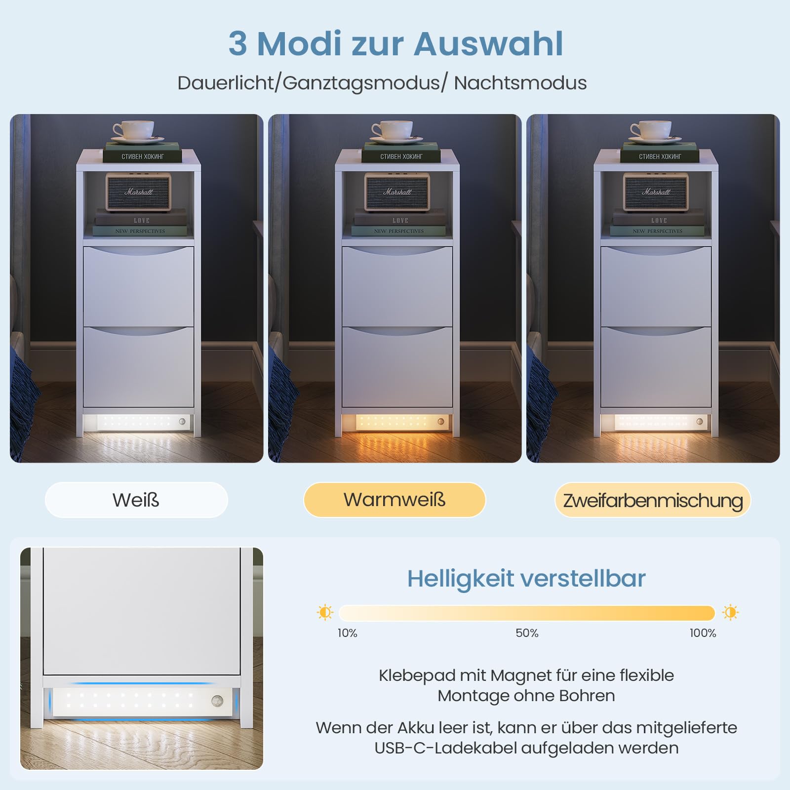 Brinlawb Nachttisch Schmal mit Ladefunktion und LED-Beleuchtung, Nachtschrank mit 3 offenen Fächern, 2 Schubladen Beistelltisch Schmal Sofatisch für Wohnzimmer, Schlafzimmer, Perfekt für kleine Ecke