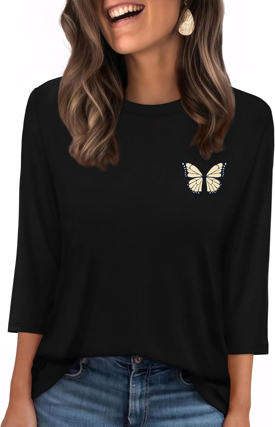 WIHOLL Womens 3/4 Length Sleeve Tops Crewneck Graphic Tees Casual Tunic Tops to Wear with Leggings Fashion Clothing Outfits