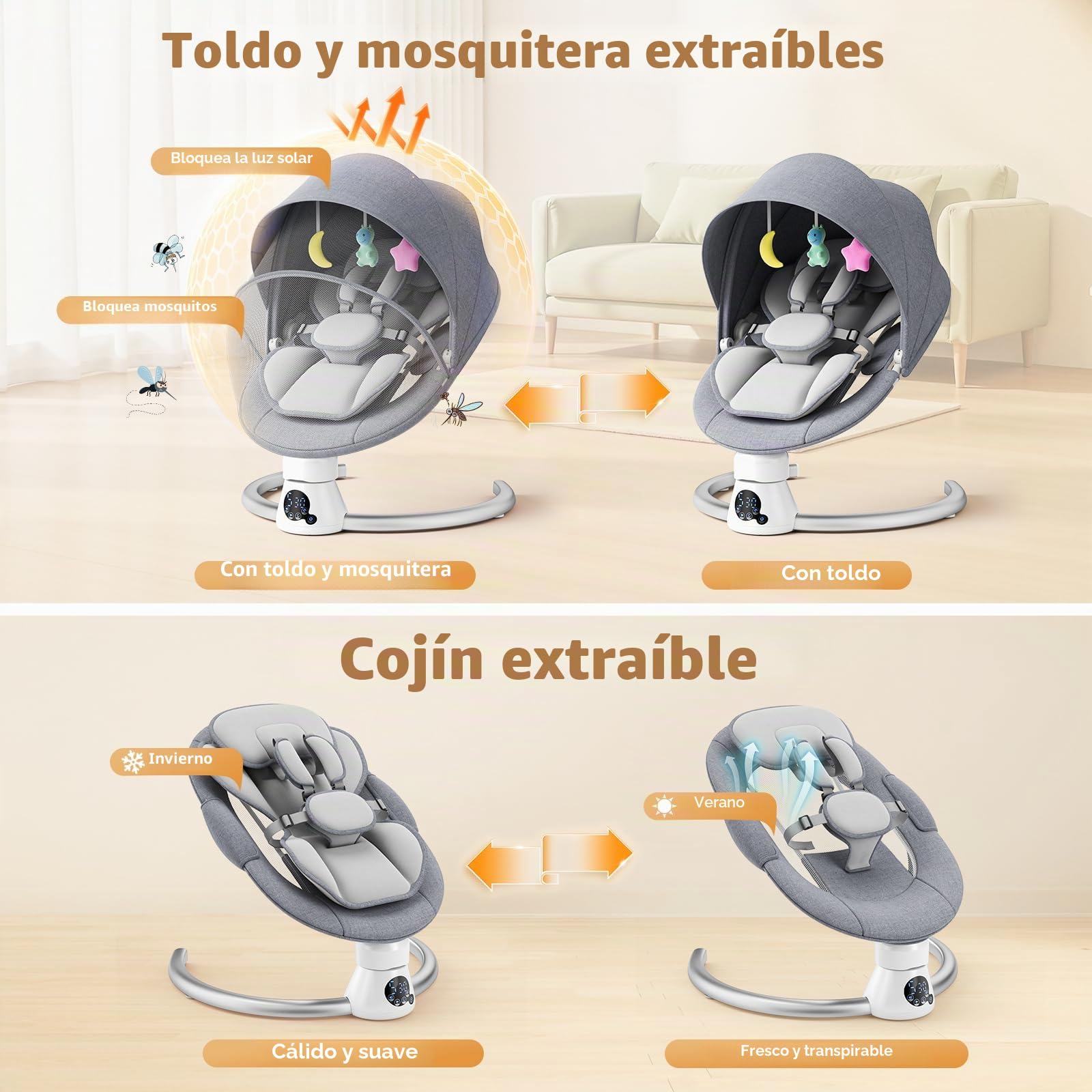 Hamaca Eléctrica para Bebé con Mando a Distancia y App,Mecedora con 5 Velocidades de Balanceo,3 Temporizadores,Arnés de 5 Puntos,2 Posiciones del Asiento,Silla Mecedora para 0-9 kg de Bebé-Gris