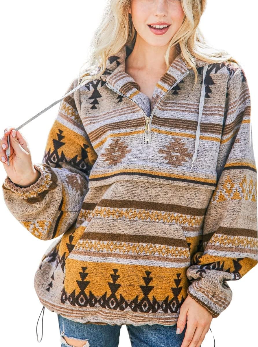 Chouyatou Women’s Fuzzy Fleece Hoodie Sweatshirt with Tribal Aztec Print and Half Zip Design