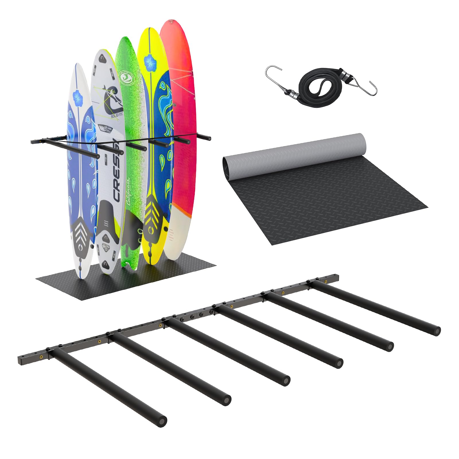 Vertical Surfboard Rack for Wall, Surfboard Wall Mount with Bungee Cord and Rubber Mat, 4/6 Arms Metal Garage Surfboard Stand Wall Decor for Surf Board, Paddle Board SUP, Wakeboard, Snowboard