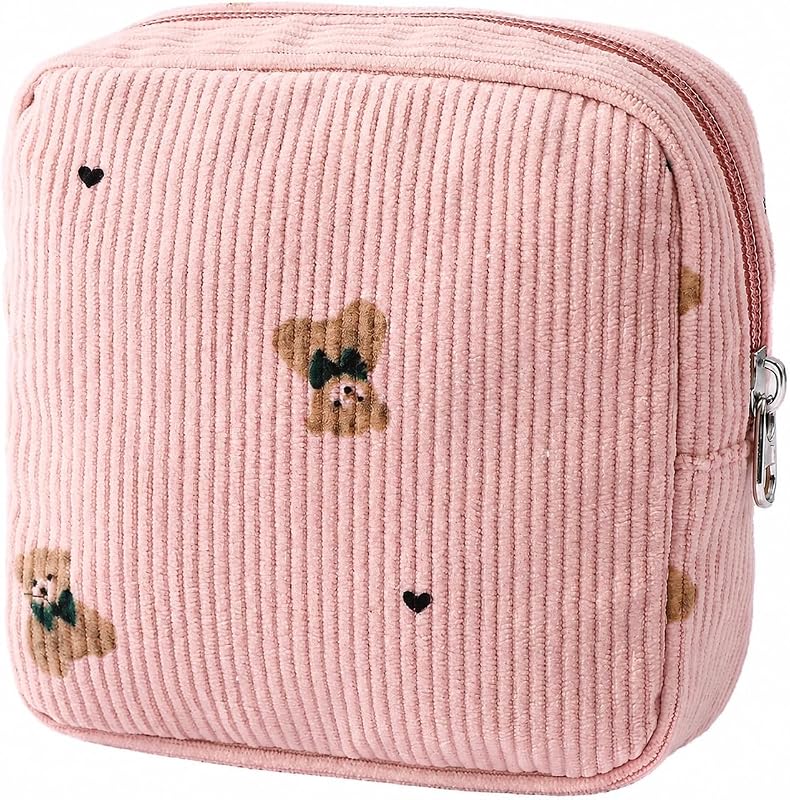 Nécessaire de Maquiagem em Veludo Cotelê Ritpviq Rosa com Estampa de Urso