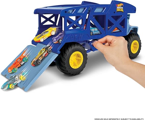 Hot Wheels Monster Trucks Rhino Carrier Truck cars 12 1:64 scale Monster Trucks or 32 Hot Wheels vehicles, has a ramp for launch, HFB13 for ages 3 and up