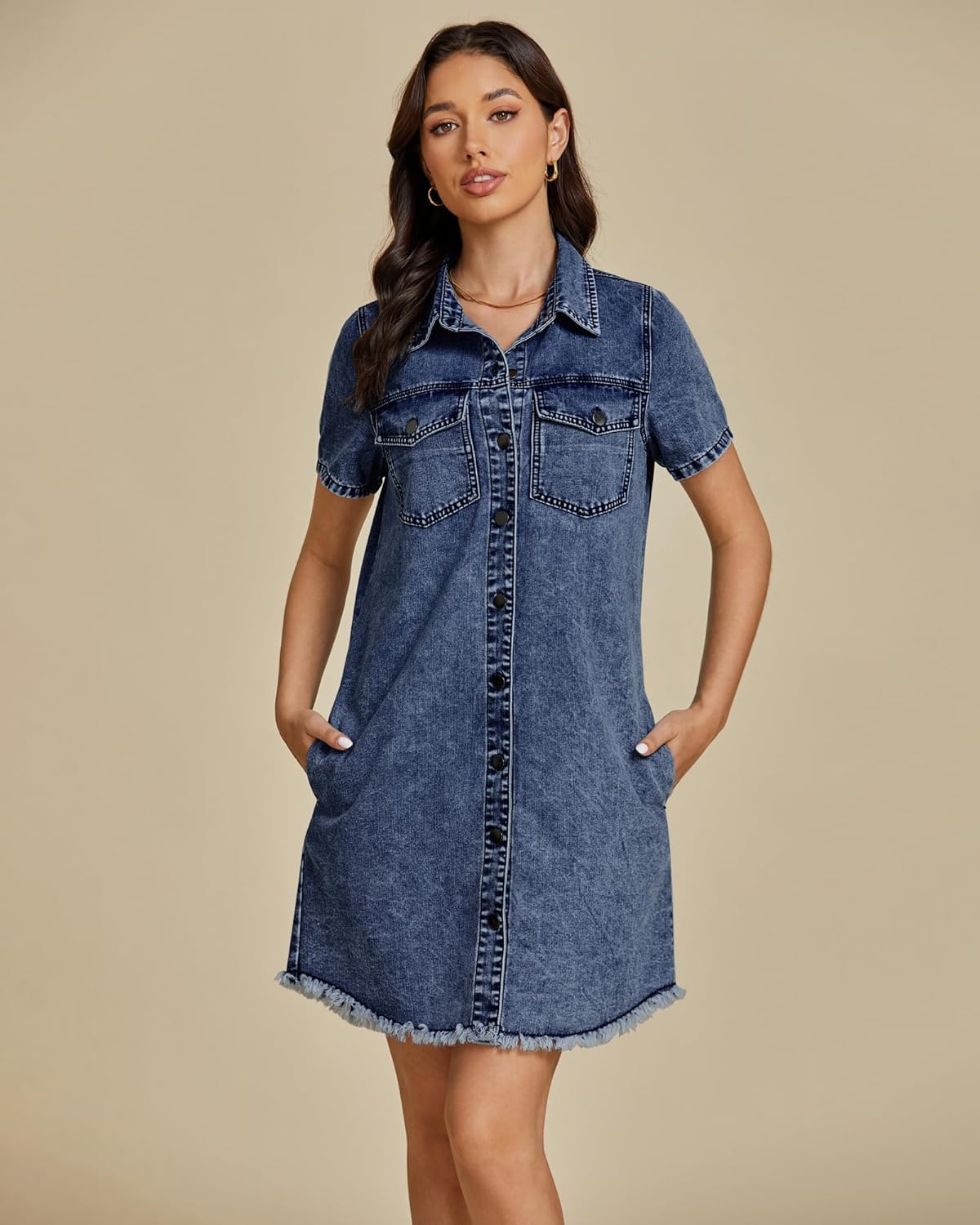 luvamia Denim Dresses for Women Distressed Summer Short Sleeve Button Down Collared Raw Hem Jean Shirt Dress with Pocket - Image 2