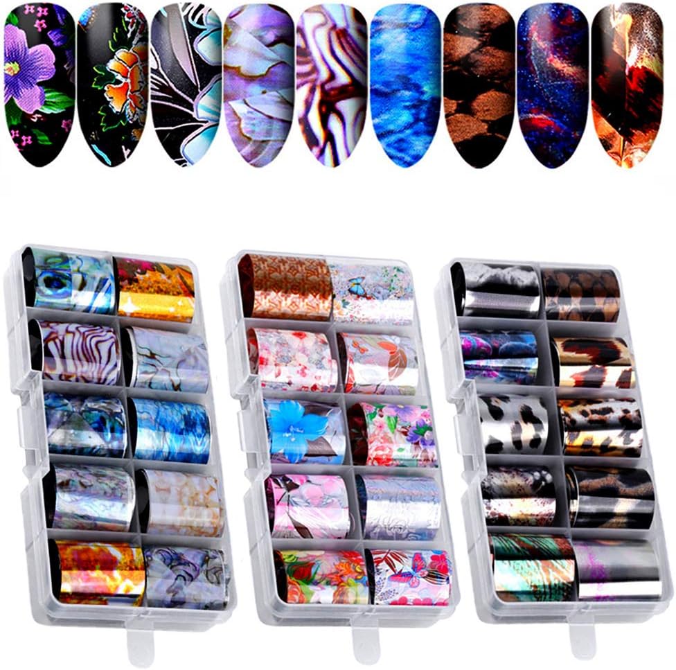 30 Color Nail Foil Transfer Sticker, Kalolary Holographic Nail Art Stickers Tips Wraps Foil Transfer Adhesive Glitters Acrylic DIY Decoration (3 Box/30pcs)