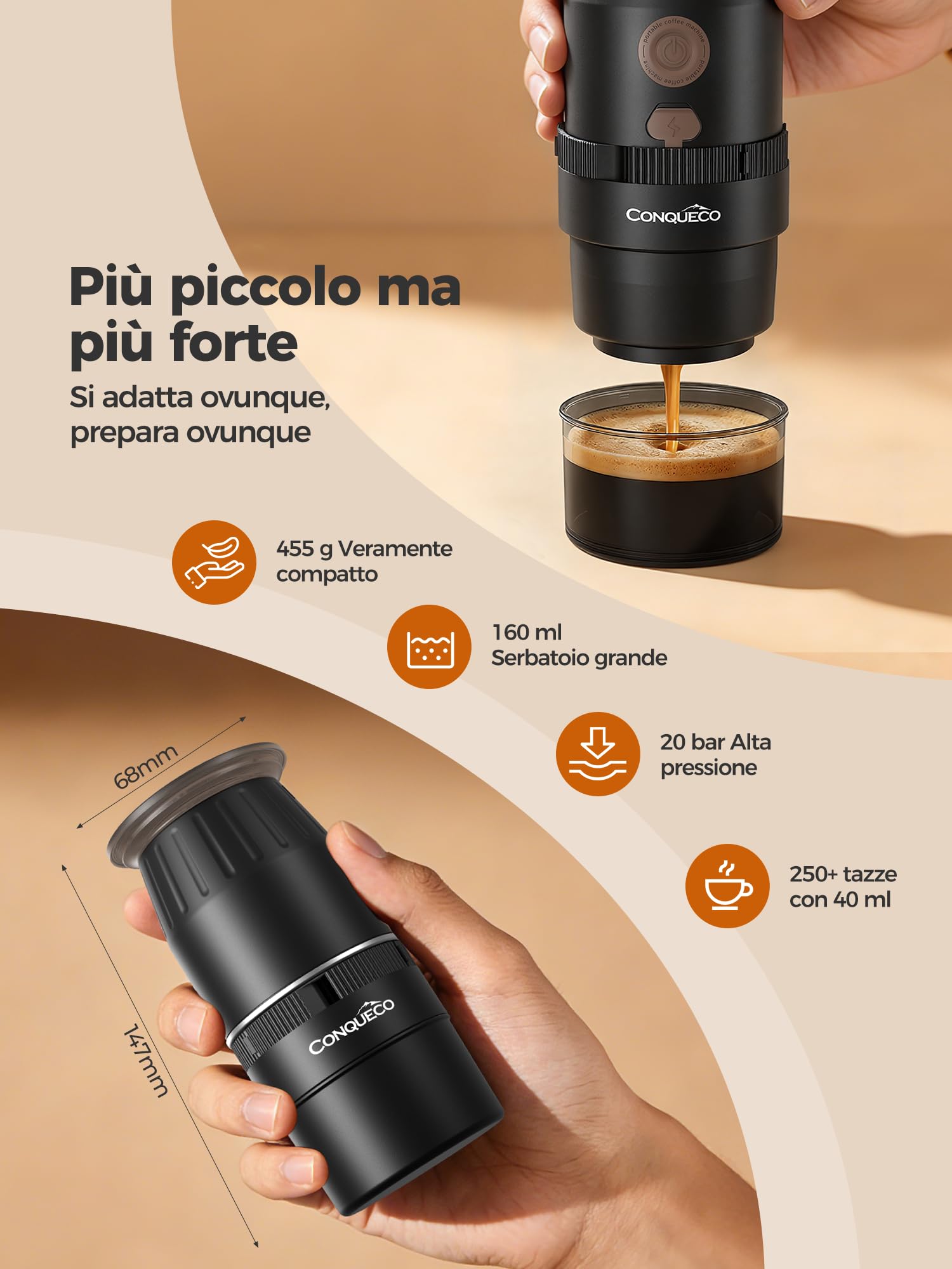 CONQUECO Macchina Caffè Portatile 2in1, 455g Ultraleggera Non Riscalda l’Acqua (Richiede Acqua Calda), Serbatoio 160ml, Cialde NS e Macinato, USB-C 250 Tazzine, 30s Estrazione, Per Campeggio e Viaggio