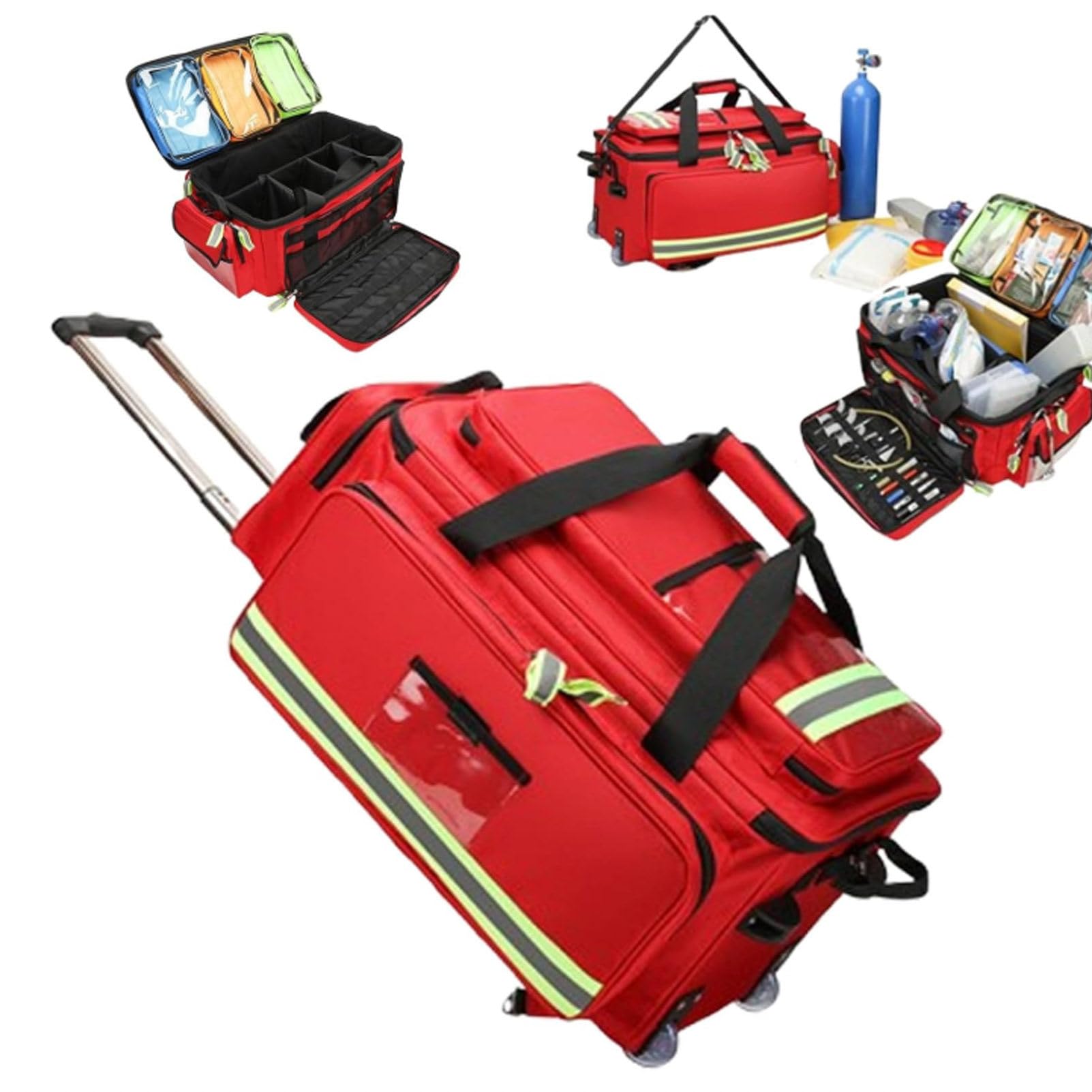 Maletín médico con Ruedas, Bolso portátil con Ruedas para enfermería, maletín vacío para Personal de Primera Respuesta con Compartimentos y Correa Ajustable para el Hombro Red-66cm