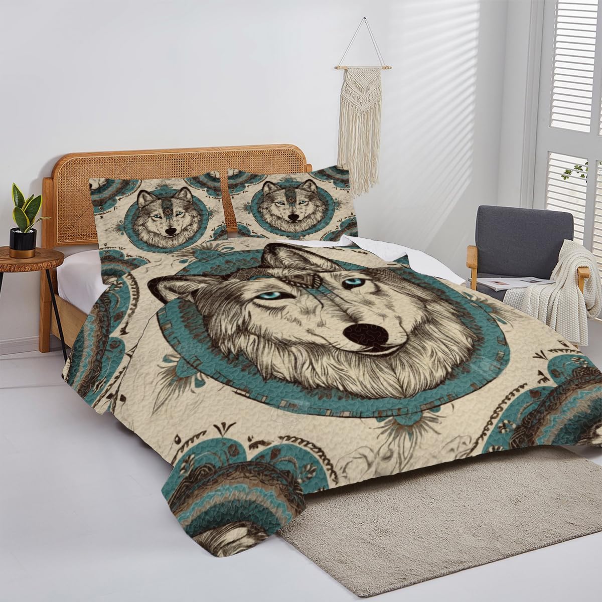 Customized Wolf Quilt - Blue Eyes Native Pattern Full Size Bedding King Size Comforter Set Decor for Girls Room Queen Sheet Set