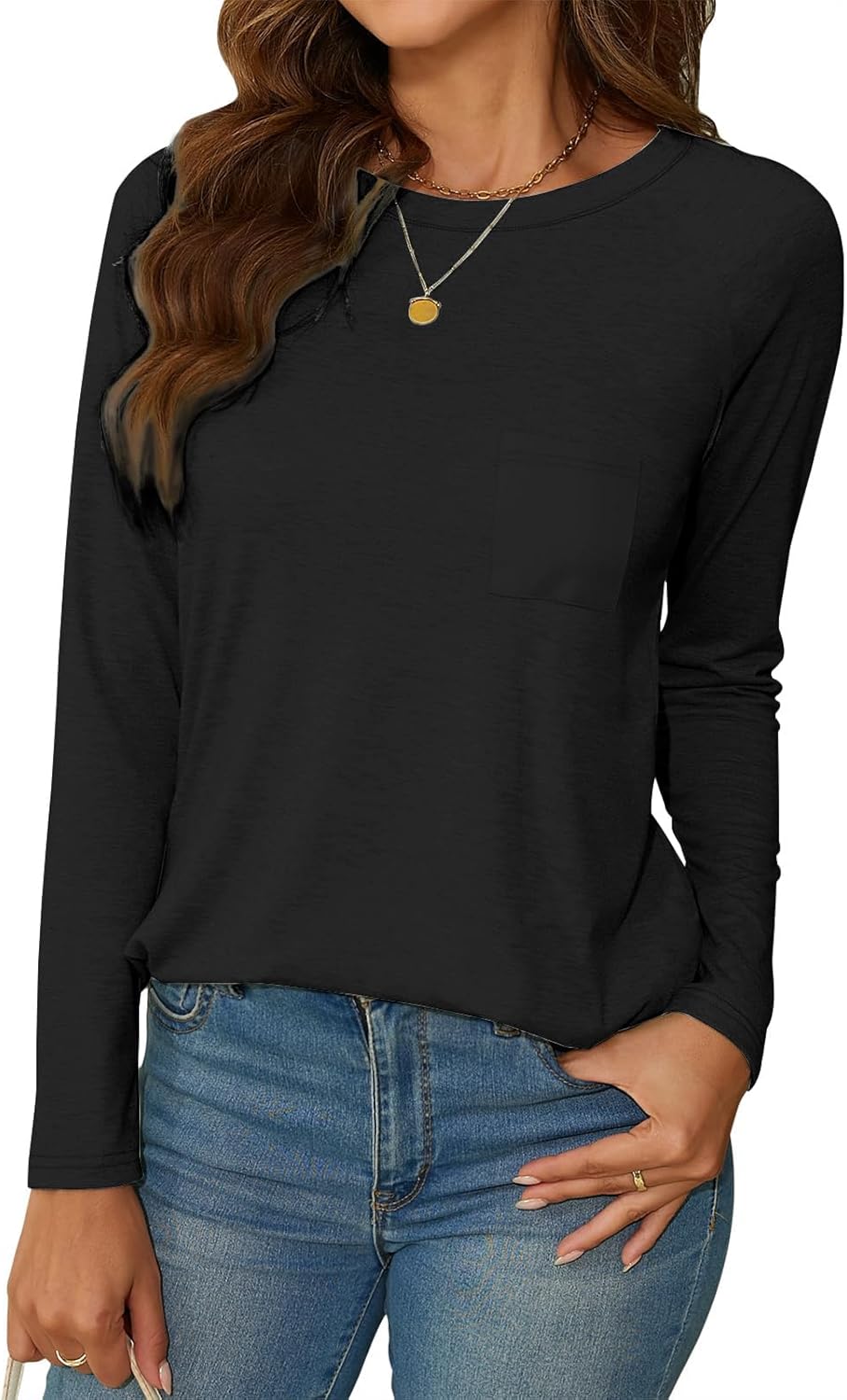 NEYOUQE Womens Fall Loose Plain Long Sleeve T Shirts Basic Tees Shirt Pocket Casual Comfy Tops Trendy T-Shirts(S-XXL)