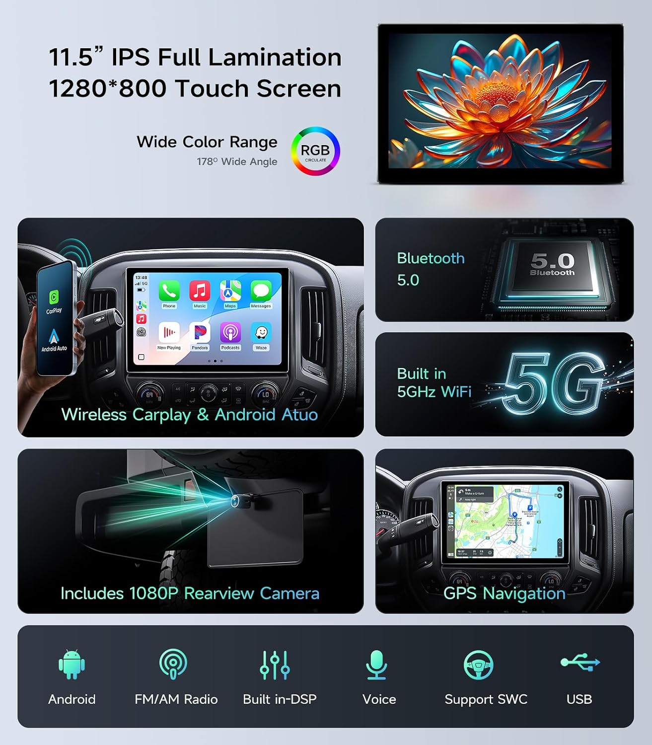 11.5" Car Stereo Radio for Chevy Silverado & GMC Sierra 2014-2018 - Wireless CarPlay Android Auto 5G WiFi GPS Navigation Bluetooth FM/SWC Touchscreen 1080P Backup Camera
