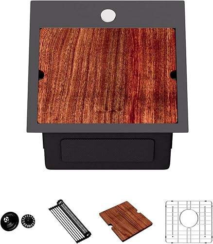 Lordear Fregadero de barra de 15 pulgadas, color negro, fregaderos de cocina de acero inoxidable, calibre 16, tazón individual, montaje superior,