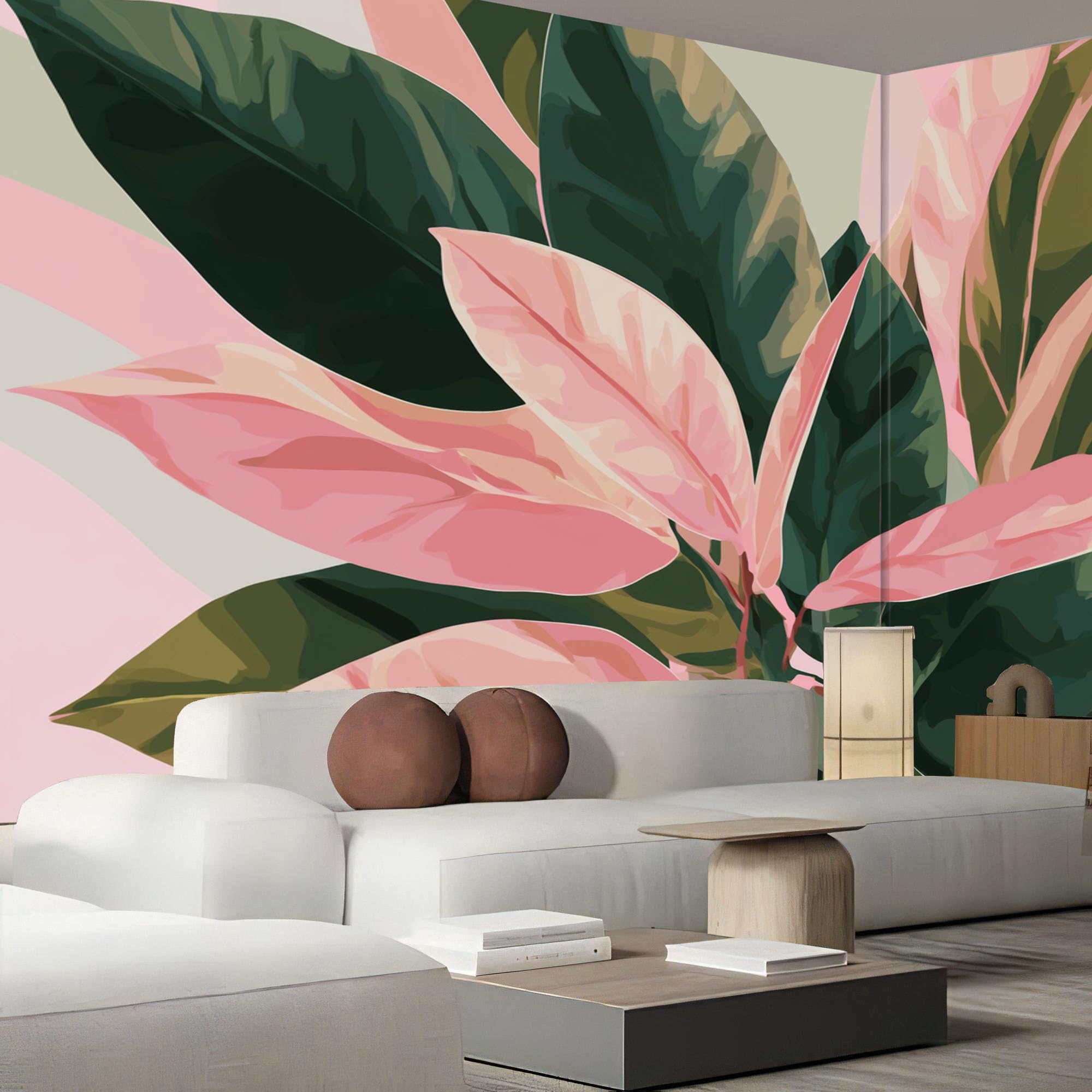 Papier Peint Motif Feuilles De Bananier Aquarelle Tapisserie Panoramique Grand 3D Plantes Exotiques Poudre Blush Papier Peint Soie Pour Salon Chambre Chambre D'Enfant Décoration Murale, 300X210Cm