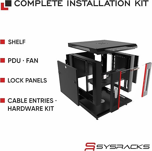 Miniatura 6 de Sysracks Rack de red de bloqueo de gabinete de servidor de montaje en pared de 18 pulgadas de profundidad de 9U - PDU de 8 vías - Ventilador de