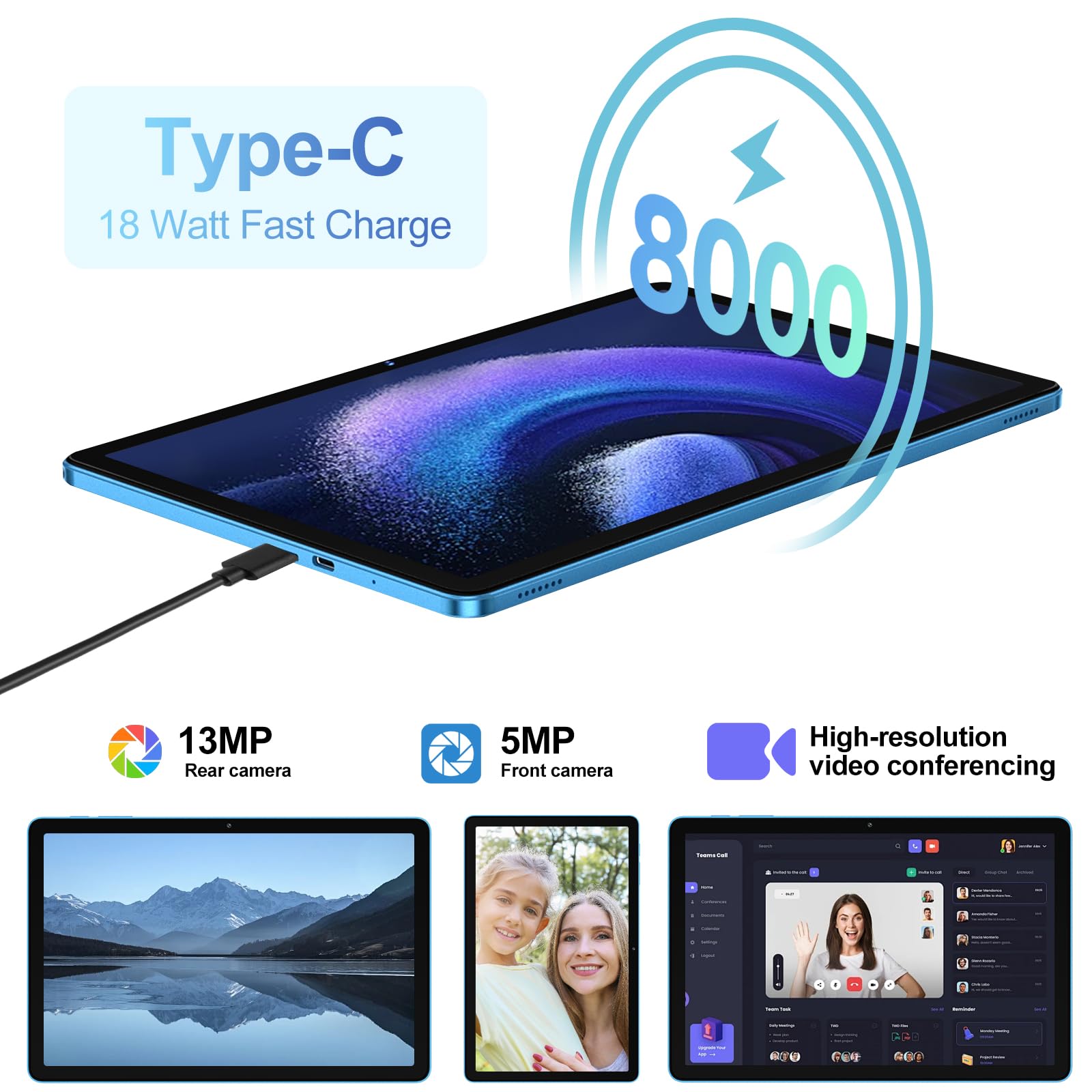 Tablet 2025 11 Inch Tablet Android 14 Tablets with 128GB + 20GB Large Storage, Octa-Core 2.0Ghz, 8000mAh,18W Fast Charging, 5G WiFi, GPS, 5+13MP Camera, Widevine L1, Face Unlock-Blue