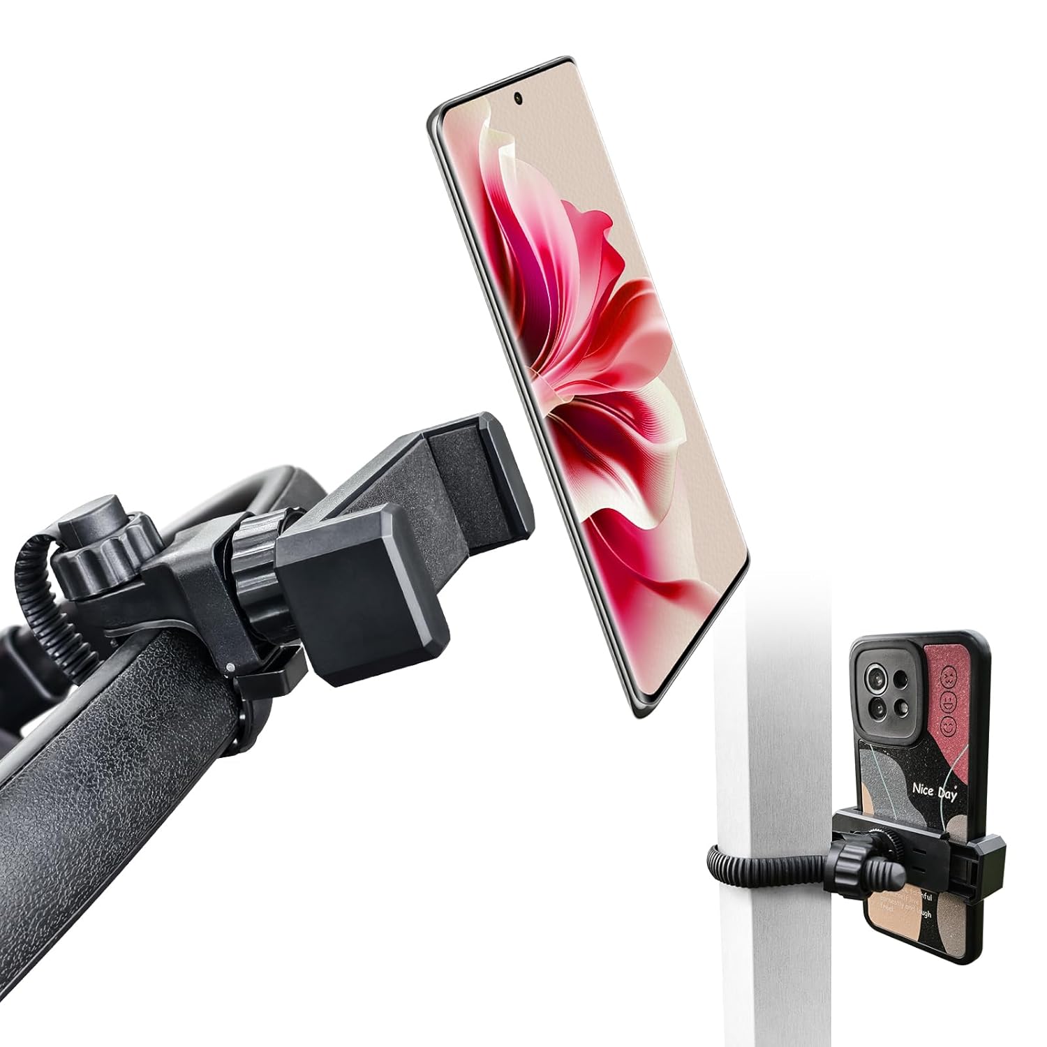 ROCKFREE Phone Holder with Adjustable Strap Wide Clamp Range Fits Round Square Curved Surfaces Clip Phone Mount for