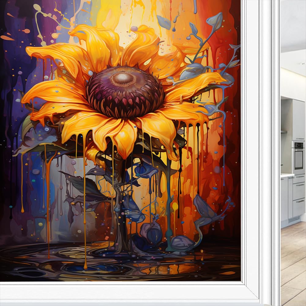 Fyfmushe Fantasy Sunflower Window Film Privacy Abstract Colorful Flower Nature Plants Decorative Stained Static Cling Window Sticker For Home, 70X100 Cm