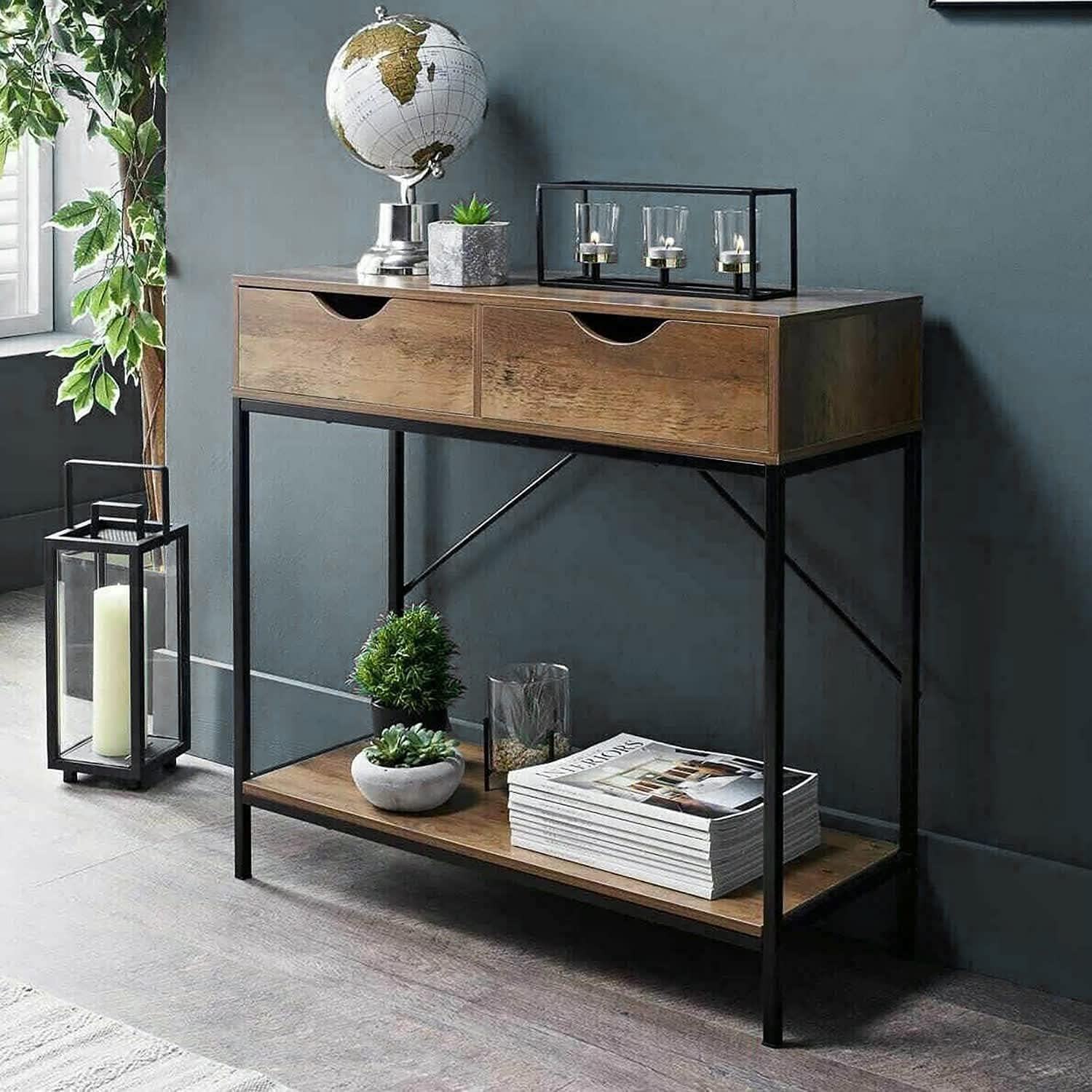 2 Drawer Console Table Black Metal Frame & Wooden Drawers and Shelf ...